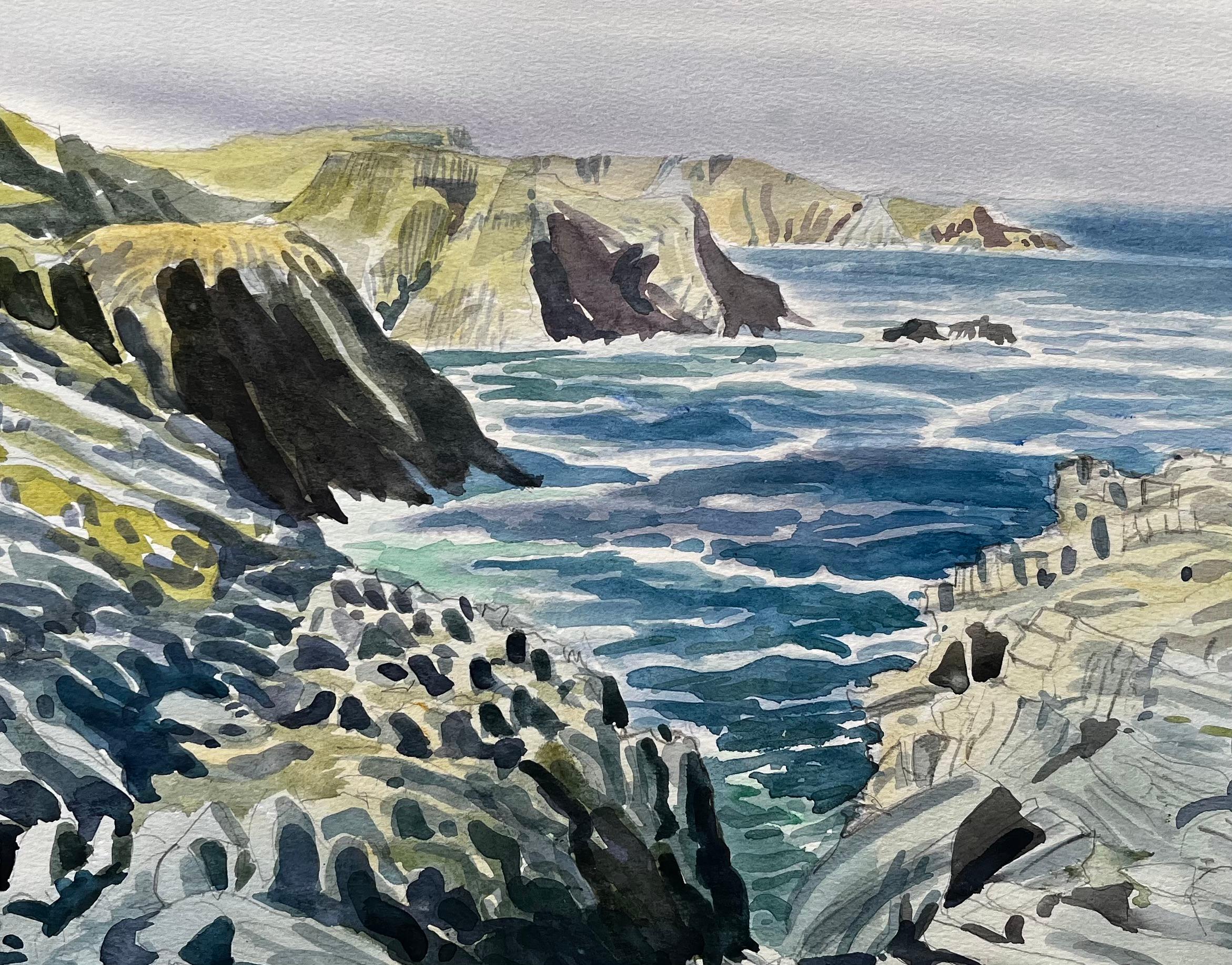 Côte dramatique du Dorset, falaises et mer 1990 Aquarelle de John Steane en vente 2