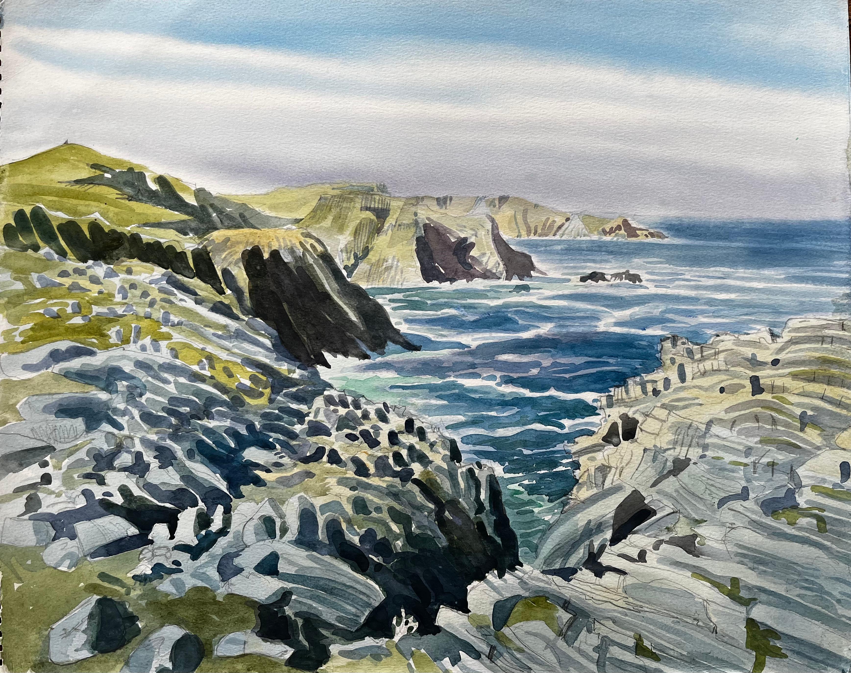 Landscape Art John Steane (b.1931) - Côte dramatique du Dorset, falaises et mer 1990 Aquarelle de John Steane