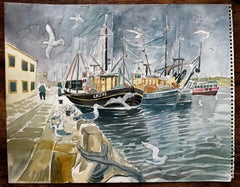 Fishing Boats Harbour Scene with Seagulls British Coastal Watercolour Painting