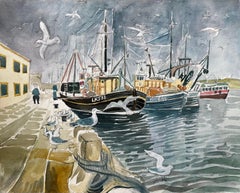 Fishing Boats Harbour Scene with Seagulls British Coastal Watercolour Painting