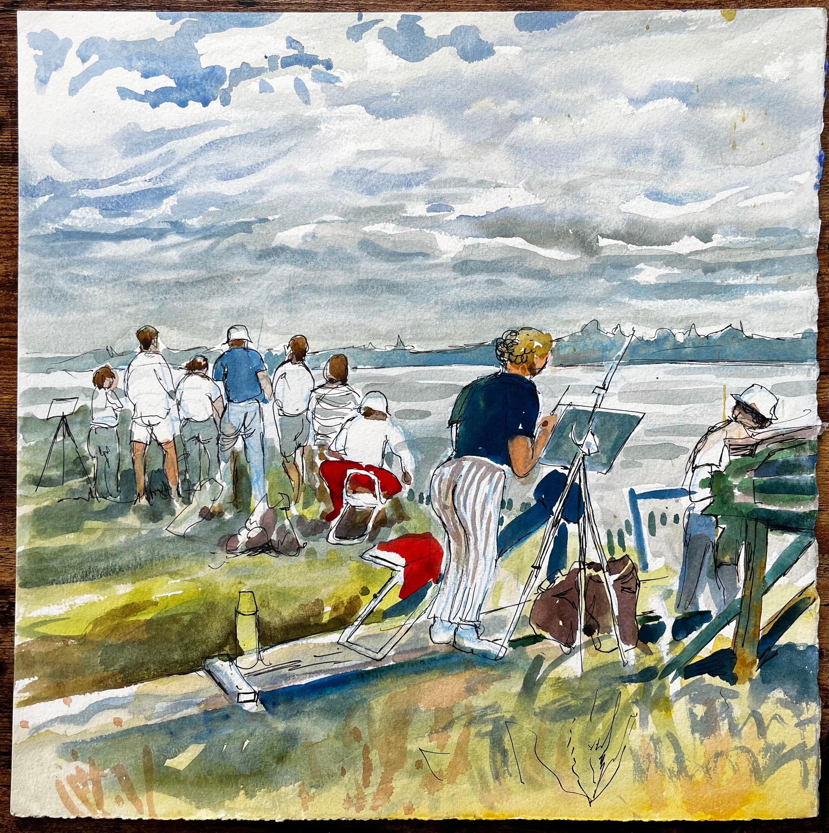 Flatford Mill Painting Course Group of Artists by British Painter John Steane - Gray Landscape Painting by John Steane (b.1931)