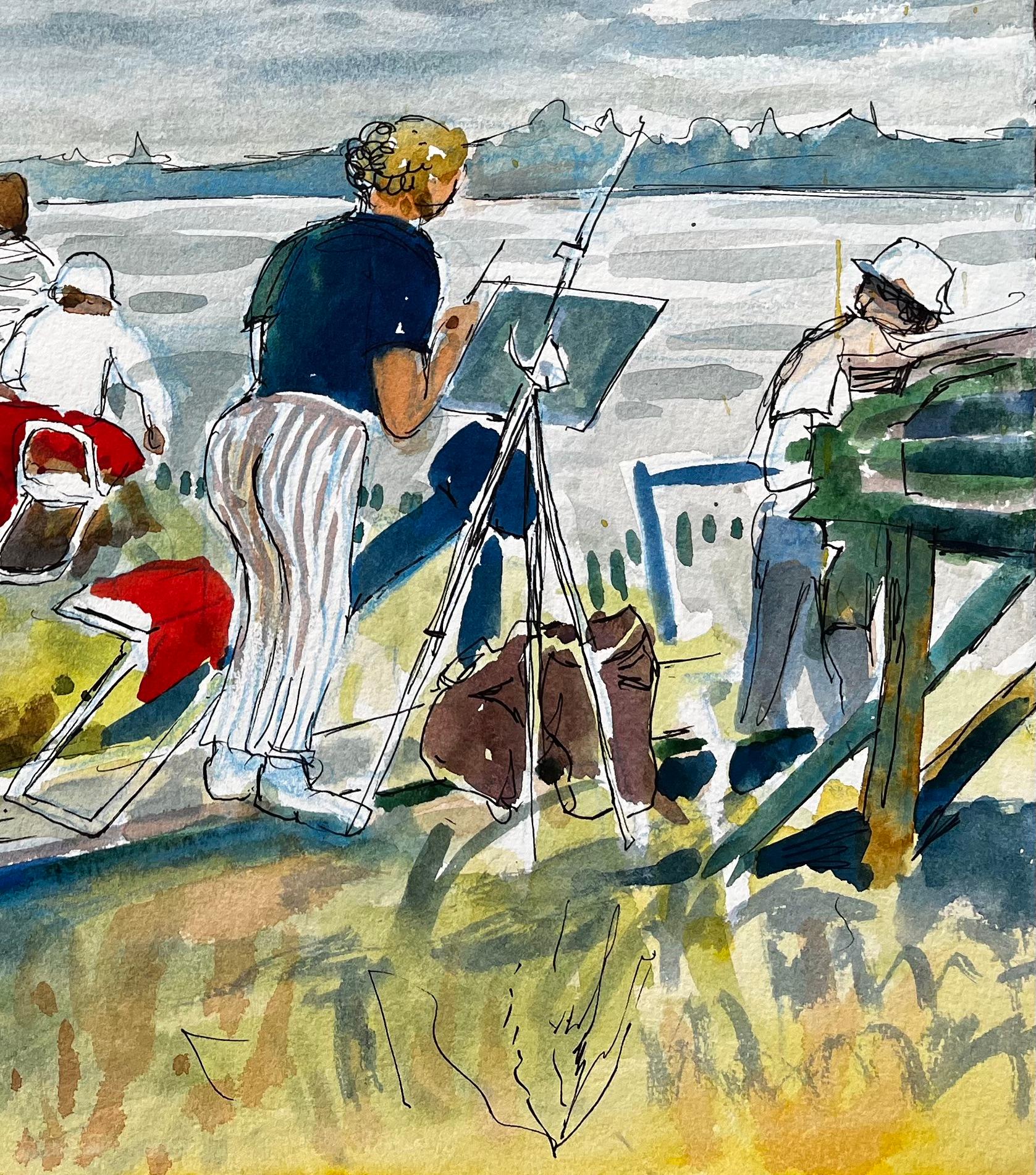 Title: Flatford Mill Painting Course Group of Artists by British Painter John Steane
by John Steane (b.1931)
Size: 14.75 inches (height) x 14.75 inches (width)
watercolor painting on paper, unframed
condition: Good, with minor edge wear
Provenance: