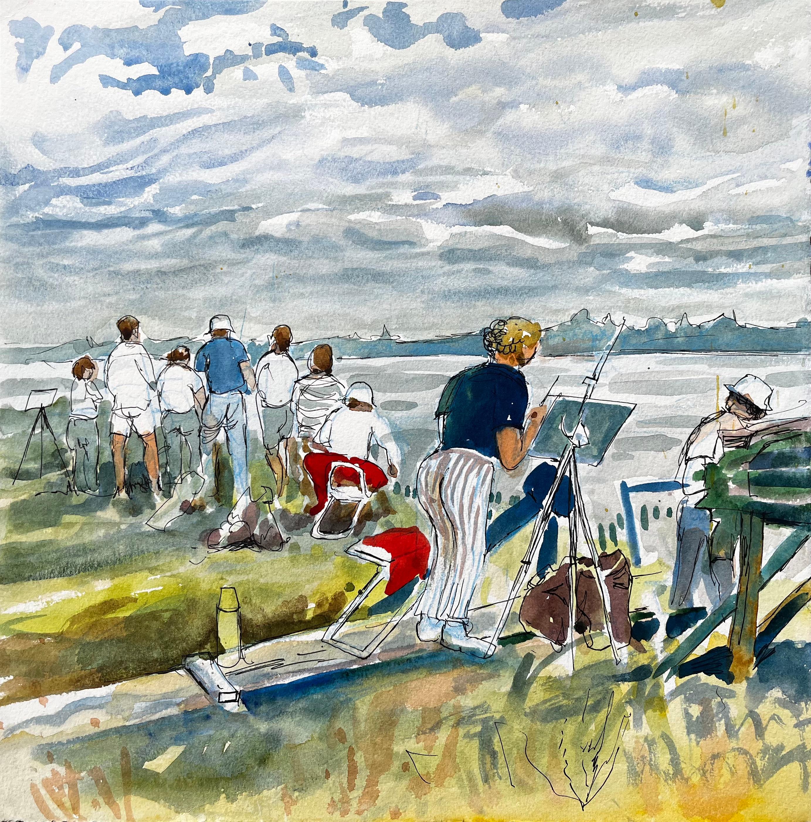 John Steane (b.1931) Landscape Painting - Flatford Mill Painting Course Group of Artists by British Painter John Steane