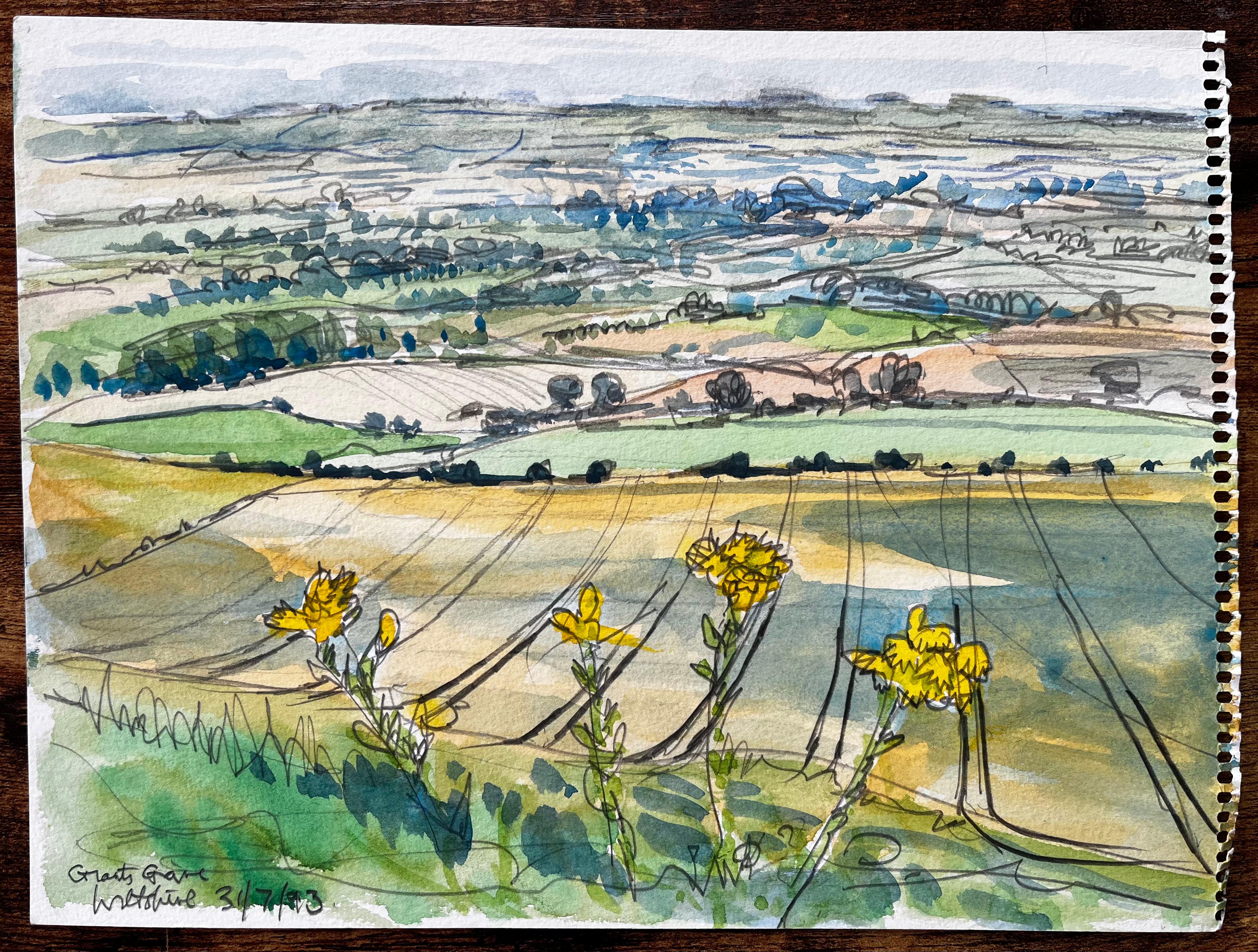 Great Givendale Yorkshire Landscape View with Wildflowers British Watercolor - Art by John Steane (b.1931)