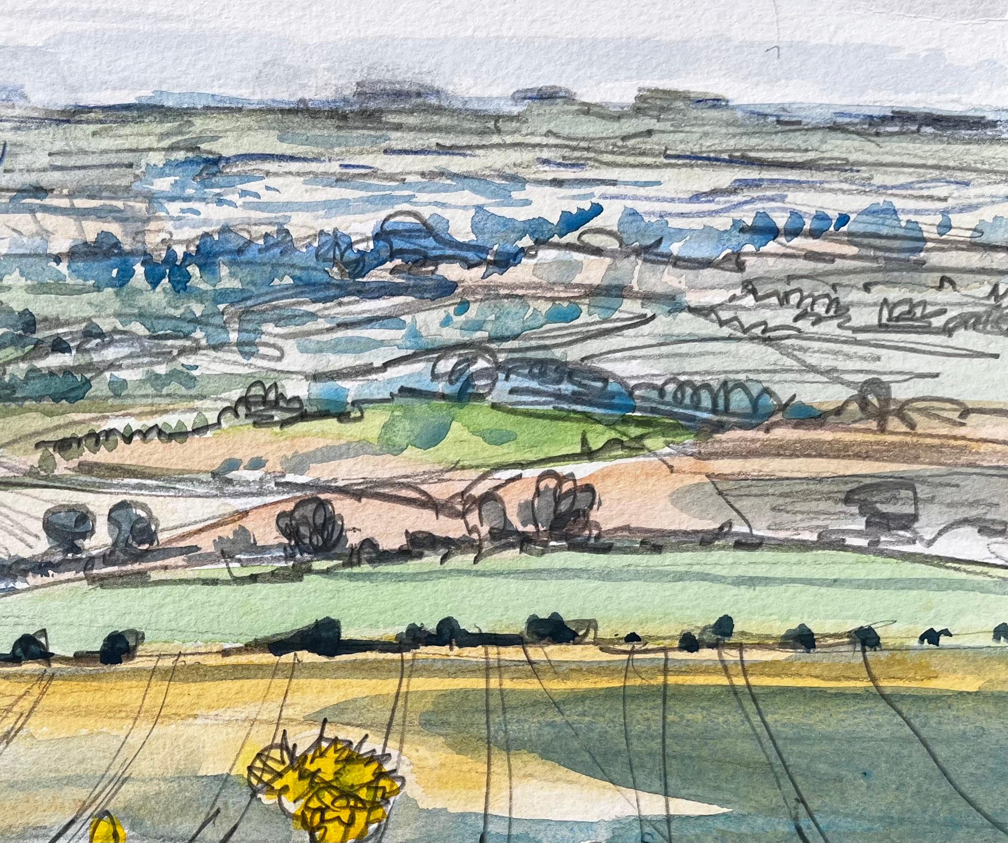 Great Givendale Yorkshire Landscape View with Wildflowers British Watercolor - Impressionist Art by John Steane (b.1931)