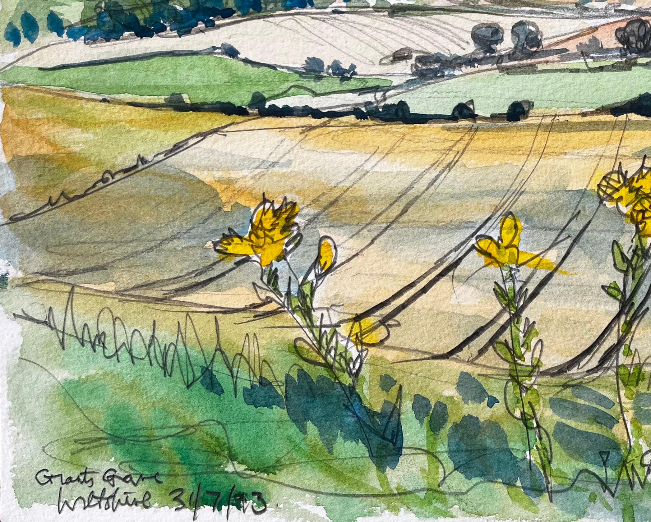 Title: Great Givendale Yorkshire Landscape View with Wildflowers British Watercolor
by John Steane (b.1931)
Size: 9 inches (height) x 12 inches (width)
watercolor painting on paper, unframed
condition: Good, with some slight corner wear and light