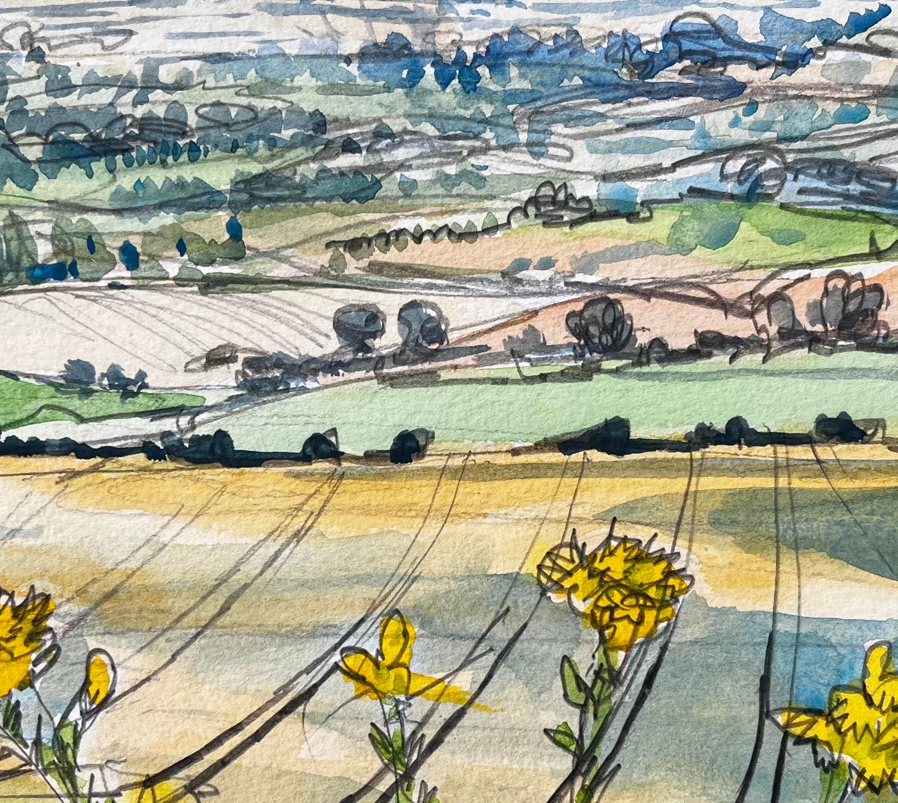 Great Givendale Yorkshire Landscape View with Wildflowers British Watercolor For Sale 1
