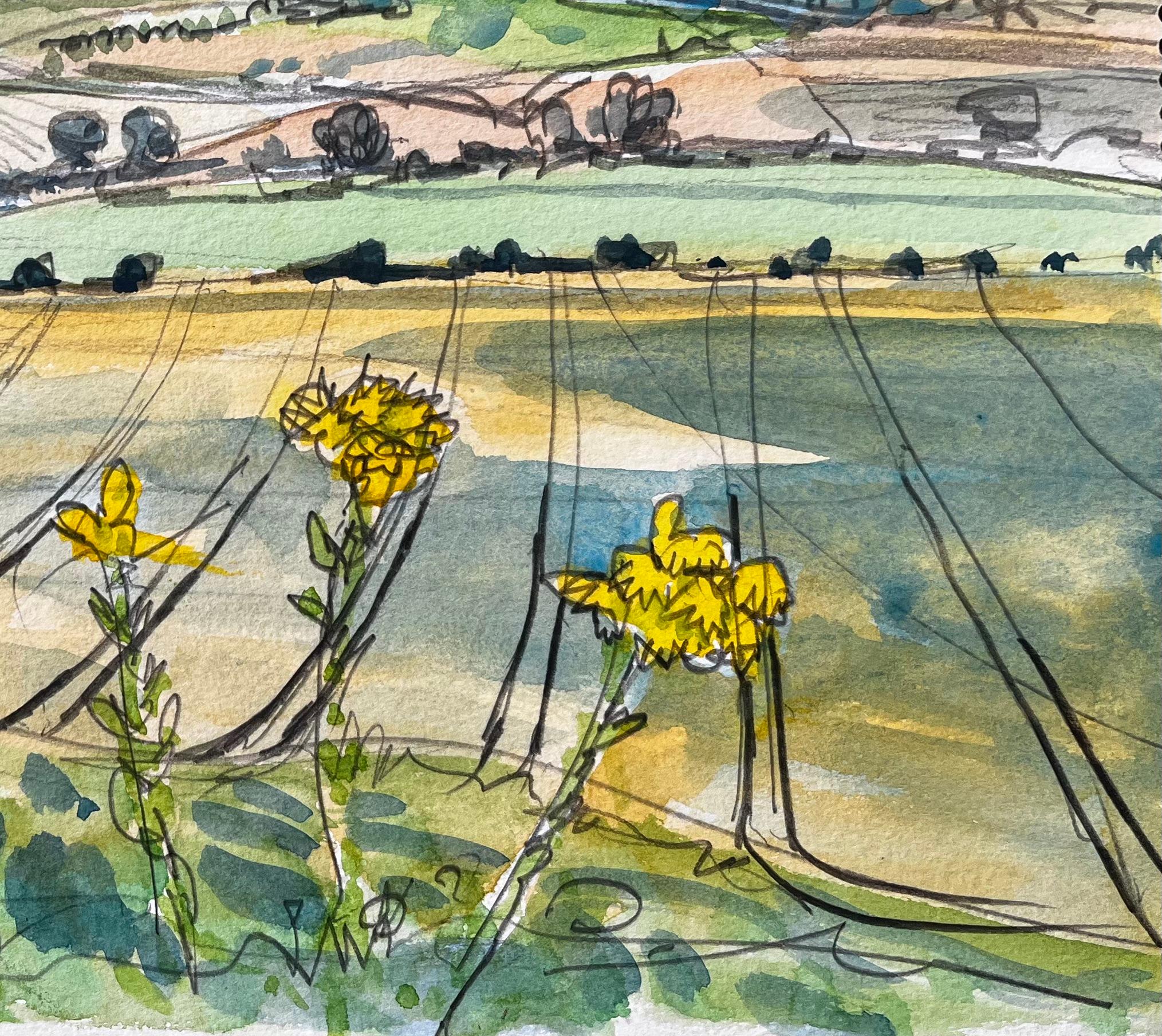 Great Givendale Yorkshire Landscape View with Wildflowers British Watercolor For Sale 2