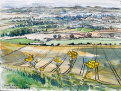 Great Givendale Yorkshire Landscape View with Wildflowers British Watercolor