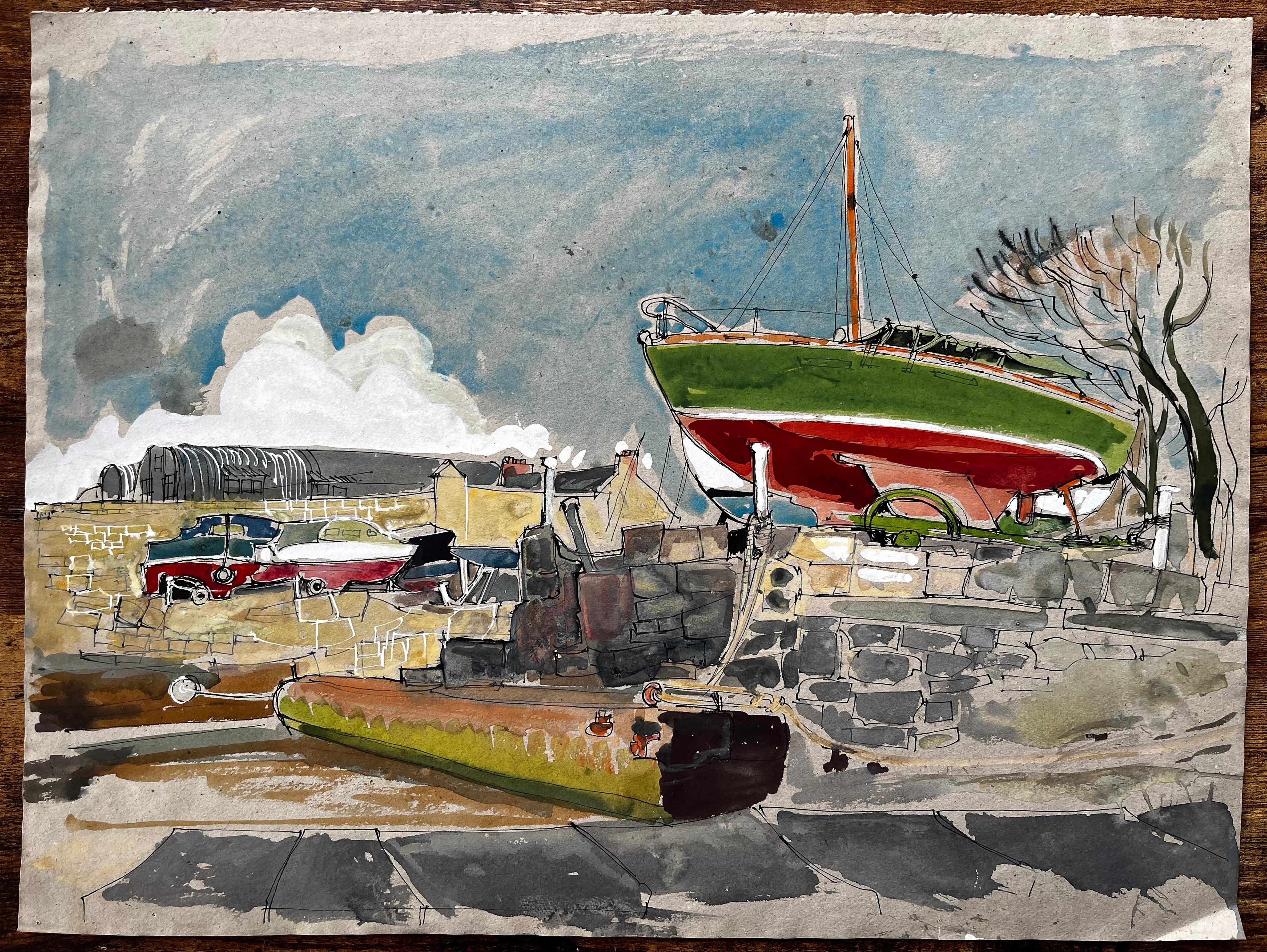Voilier vert et rouge dans la cour du port avec des voitures anciennes Aquarelle - Painting de John Steane (b.1931)