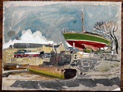 Green and Red Sailboat in Harbour Yard with Vintage Cars Watercolour
