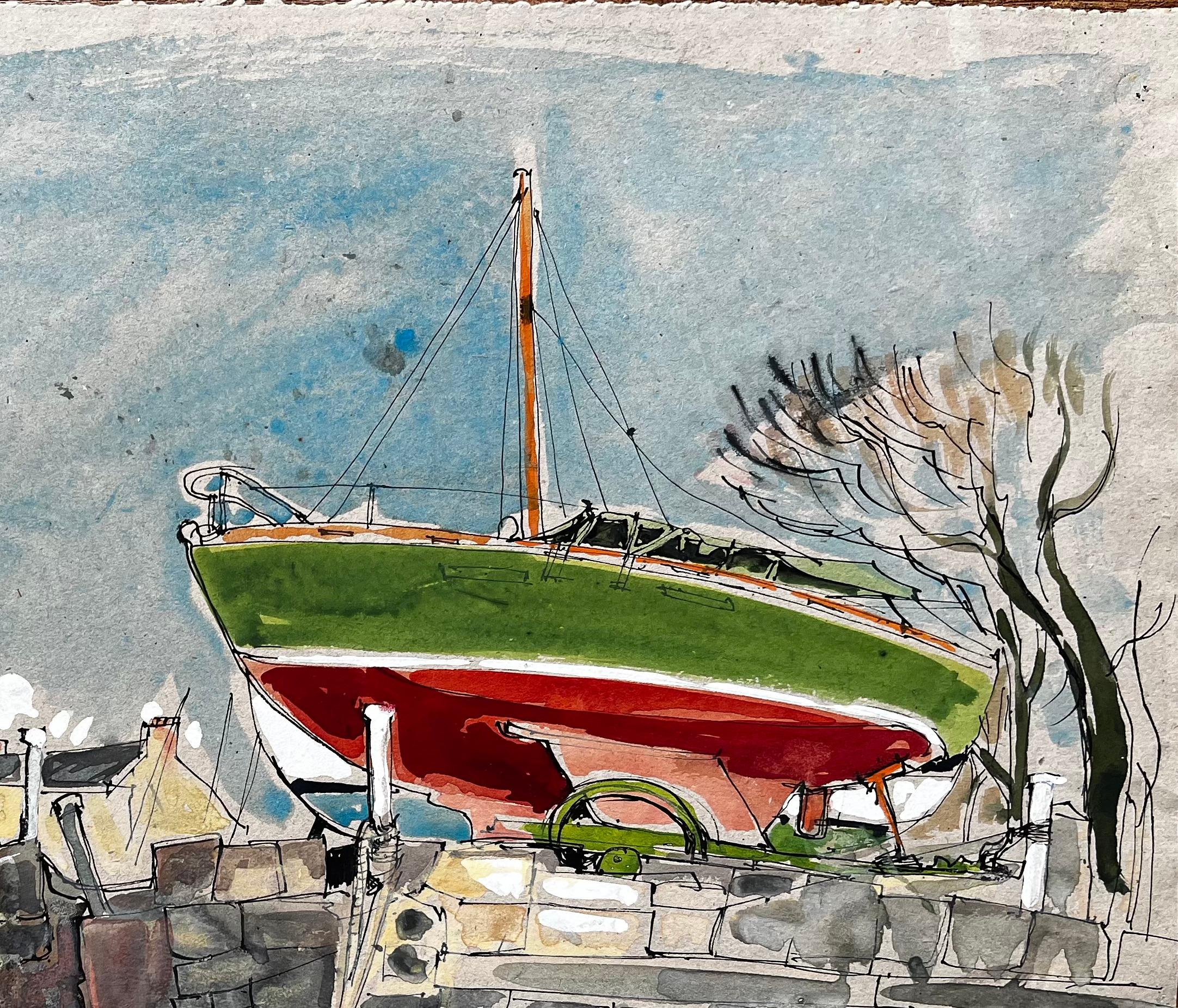 Voilier vert et rouge dans la cour du port avec des voitures anciennes Aquarelle - Impressionnisme Painting par John Steane (b.1931)