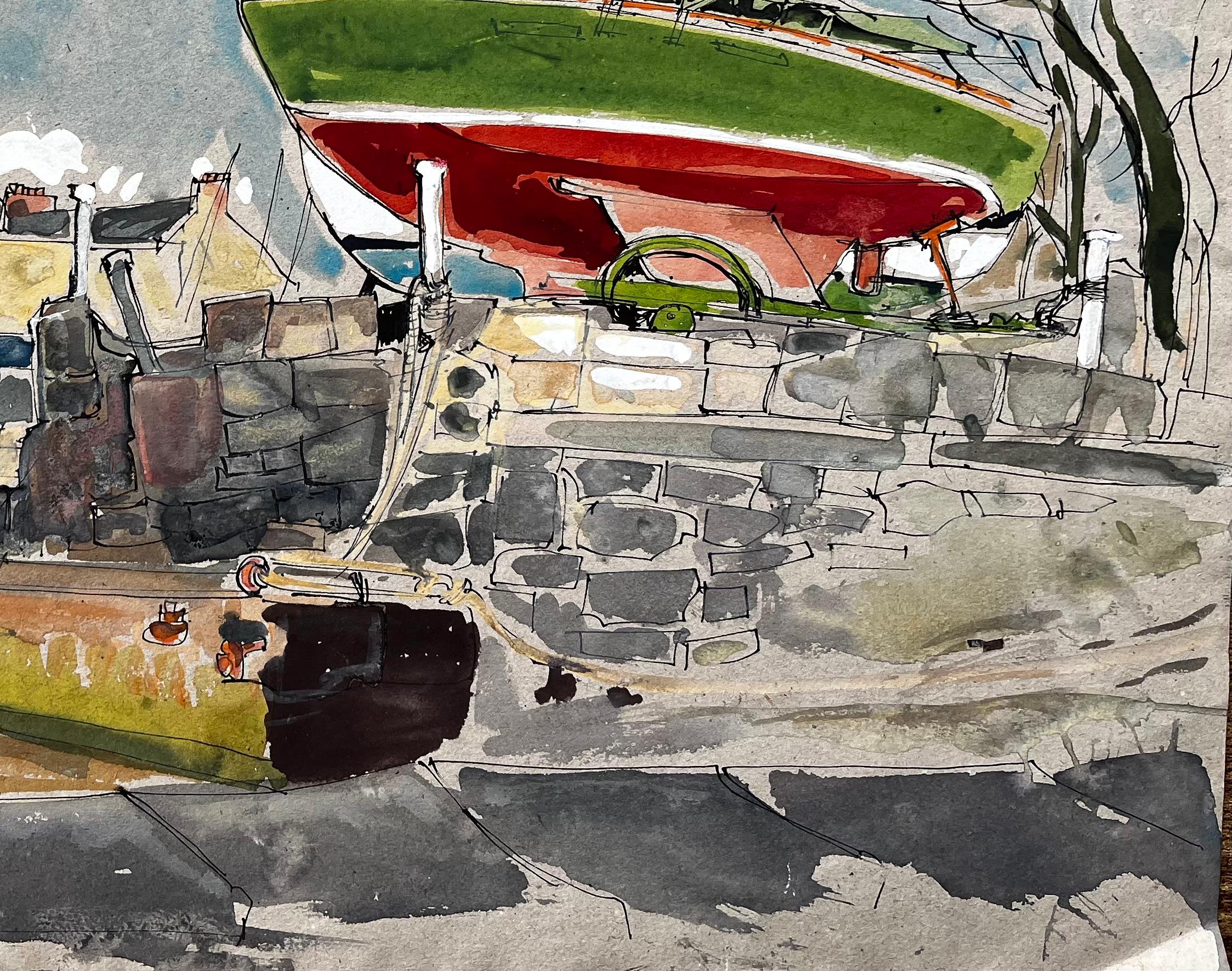Voilier vert et rouge dans la cour du port avec des voitures anciennes Aquarelle - Gris Landscape Painting par John Steane (b.1931)