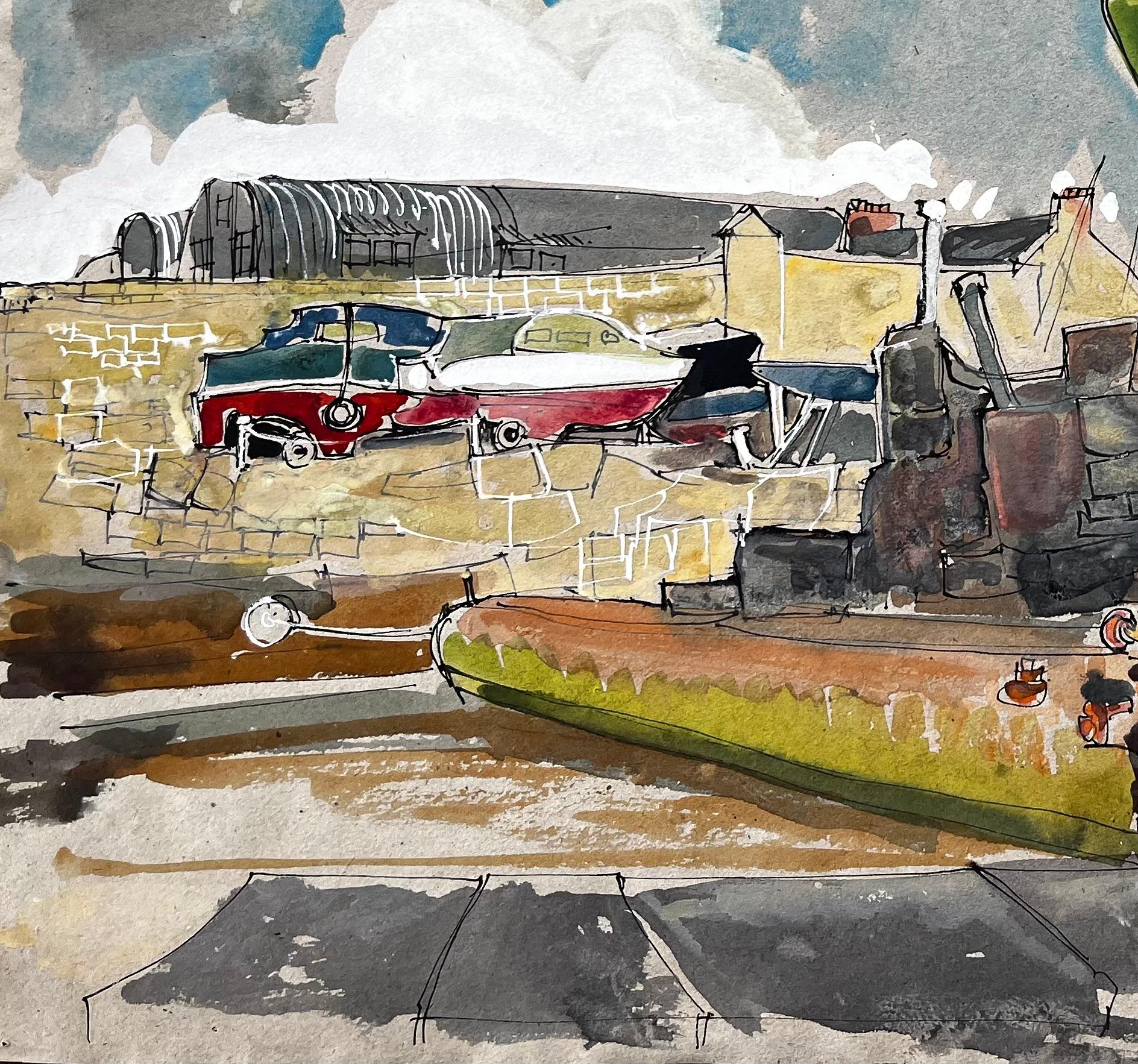 Titre : Voilier vert et rouge dans la cour du port avec des voitures anciennes Aquarelle
de John Steane (né en 1931)
Taille : 15 pouces (hauteur) x 19.75 pouces (largeur)
peinture à l'eau sur papier, non encadrée
état : Bon, avec une légère usure