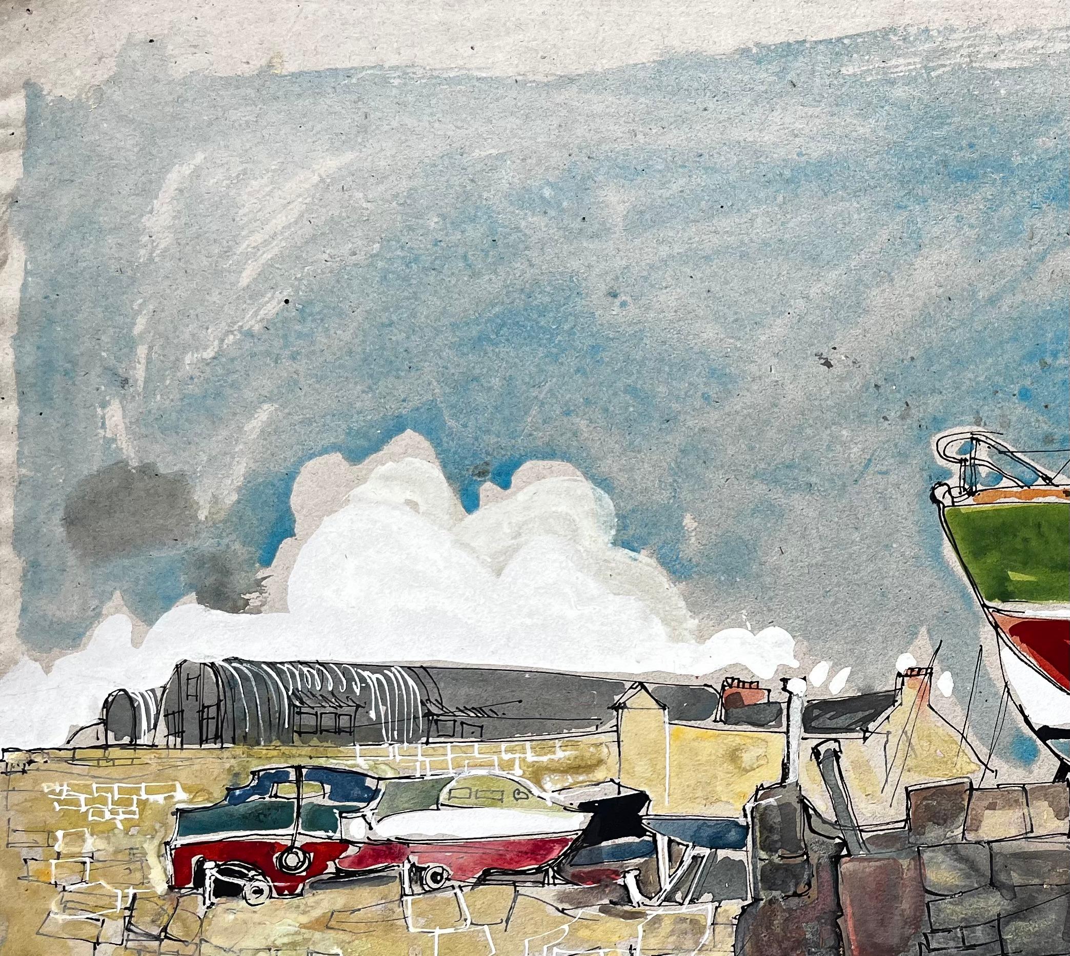 Voilier vert et rouge dans la cour du port avec des voitures anciennes Aquarelle en vente 2