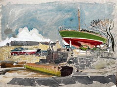 Green and Red Sailboat in Harbour Yard with Vintage Cars Watercolour