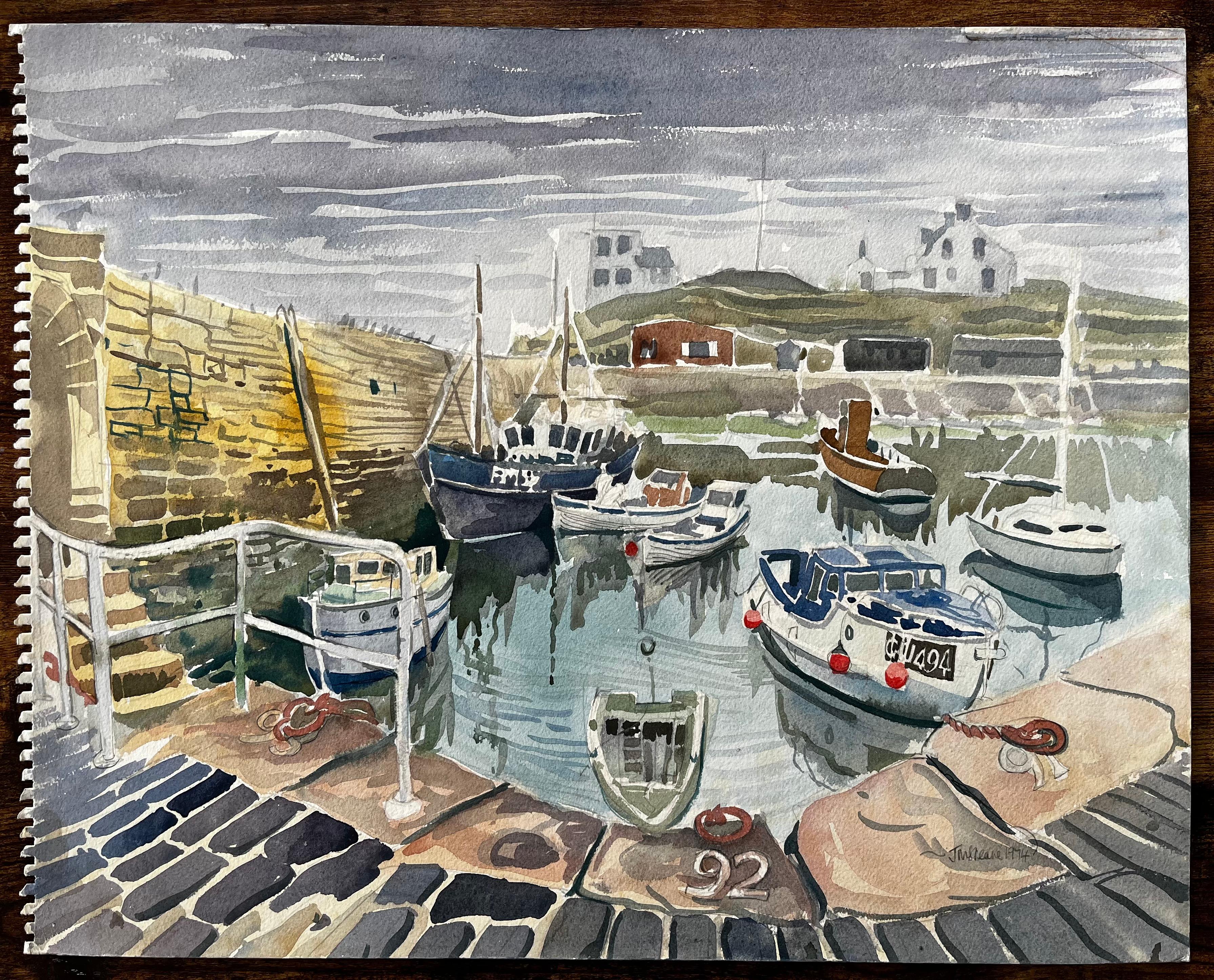 Gretan Harbour Scene with Fishing Boats Reflections and Stone Quay 1974 - Art by John Steane (b.1931)