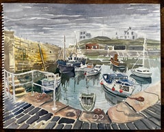 Gretan Harbour Scene with Fishing Boats Reflections and Stone Quay 1974