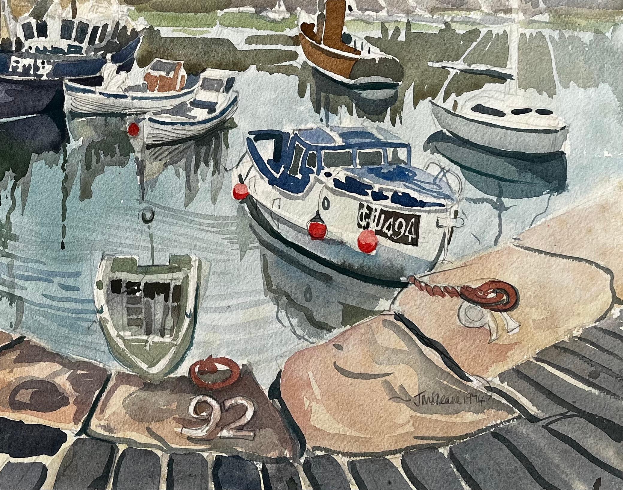 Gretan Harbour Scene with Fishing Boats Reflections and Stone Quay 1974 - Impressionist Art by John Steane (b.1931)