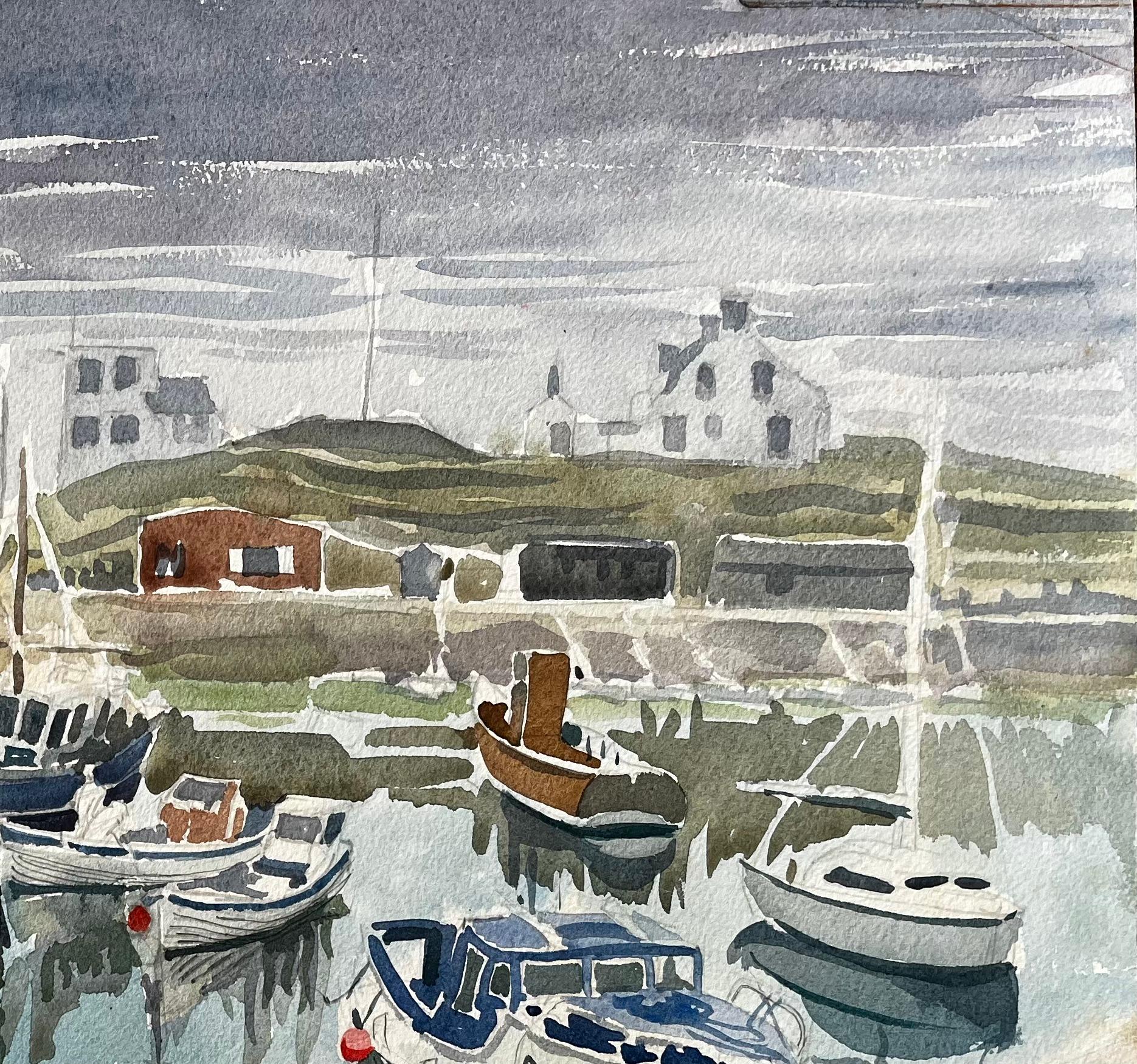 Gretan Harbour Scene with Fishing Boats Reflections and Stone Quay 1974 - Gray Landscape Art by John Steane (b.1931)