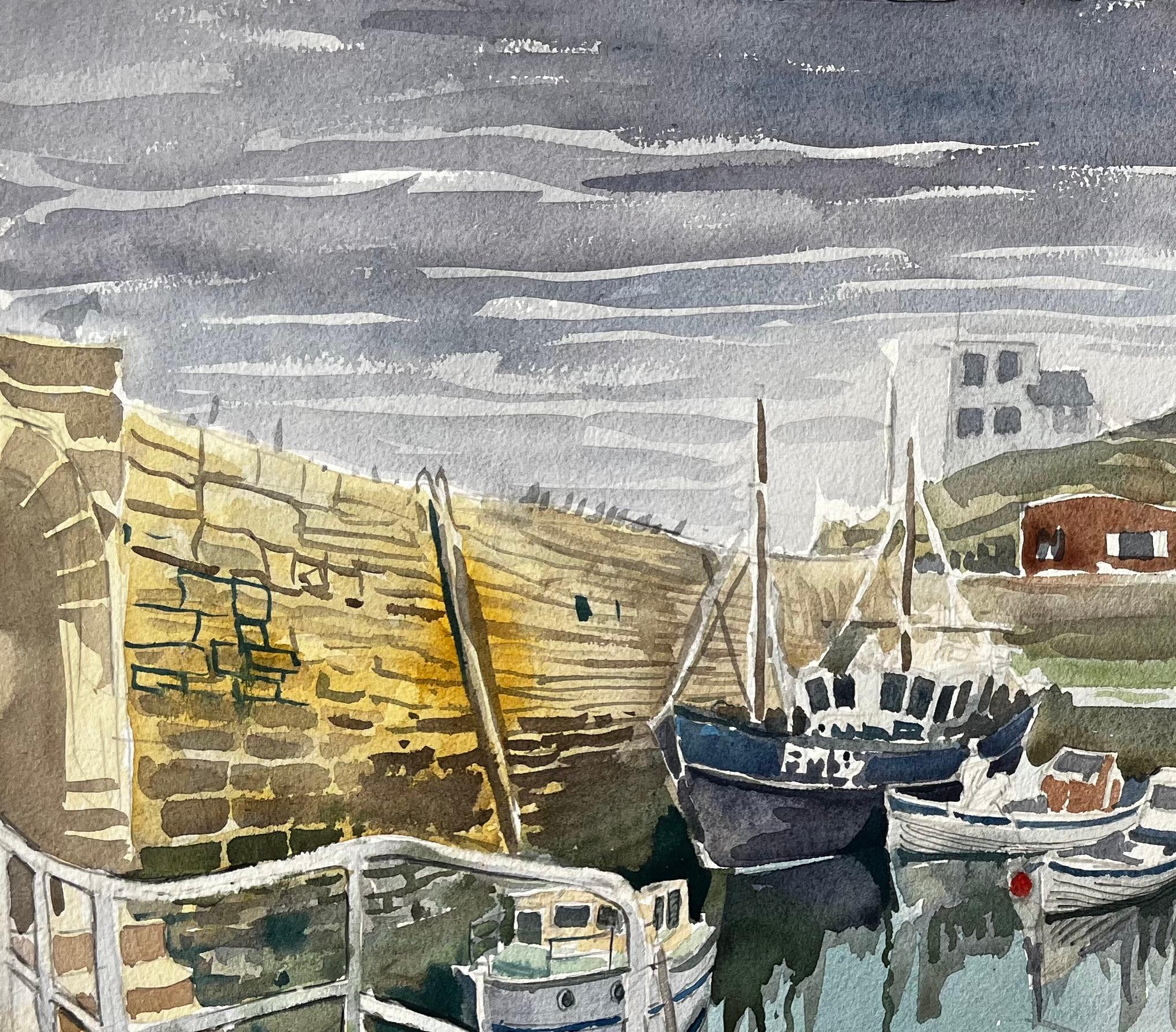 Title: Gretan Harbour Scene with Fishing Boats Reflections and Stone Quay 1974
by John Steane (b.1931)
Signed: Bottom right
Size: 15.75 inches (height) x 19.75 inches (width)
watercolor painting on paper, unframed
condition: Good, with minor edge