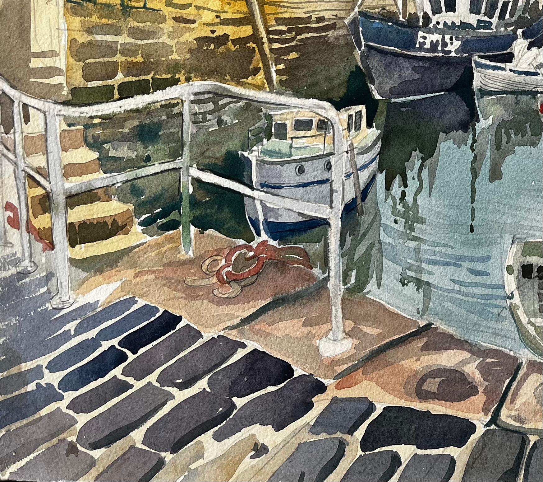 Gretan Harbour Scene with Fishing Boats Reflections and Stone Quay 1974 For Sale 1