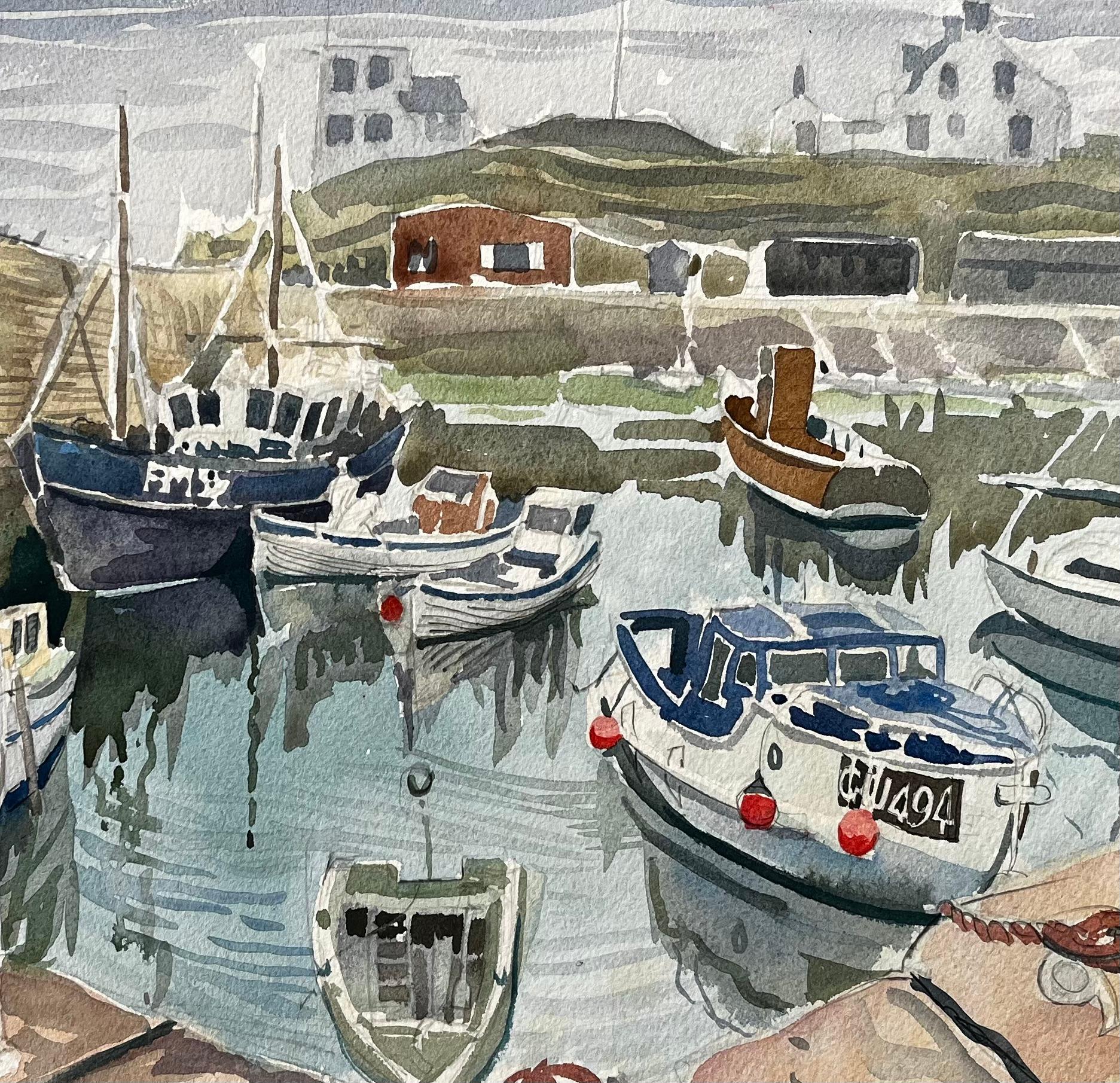 Gretan Harbour Scene with Fishing Boats Reflections and Stone Quay 1974 For Sale 2