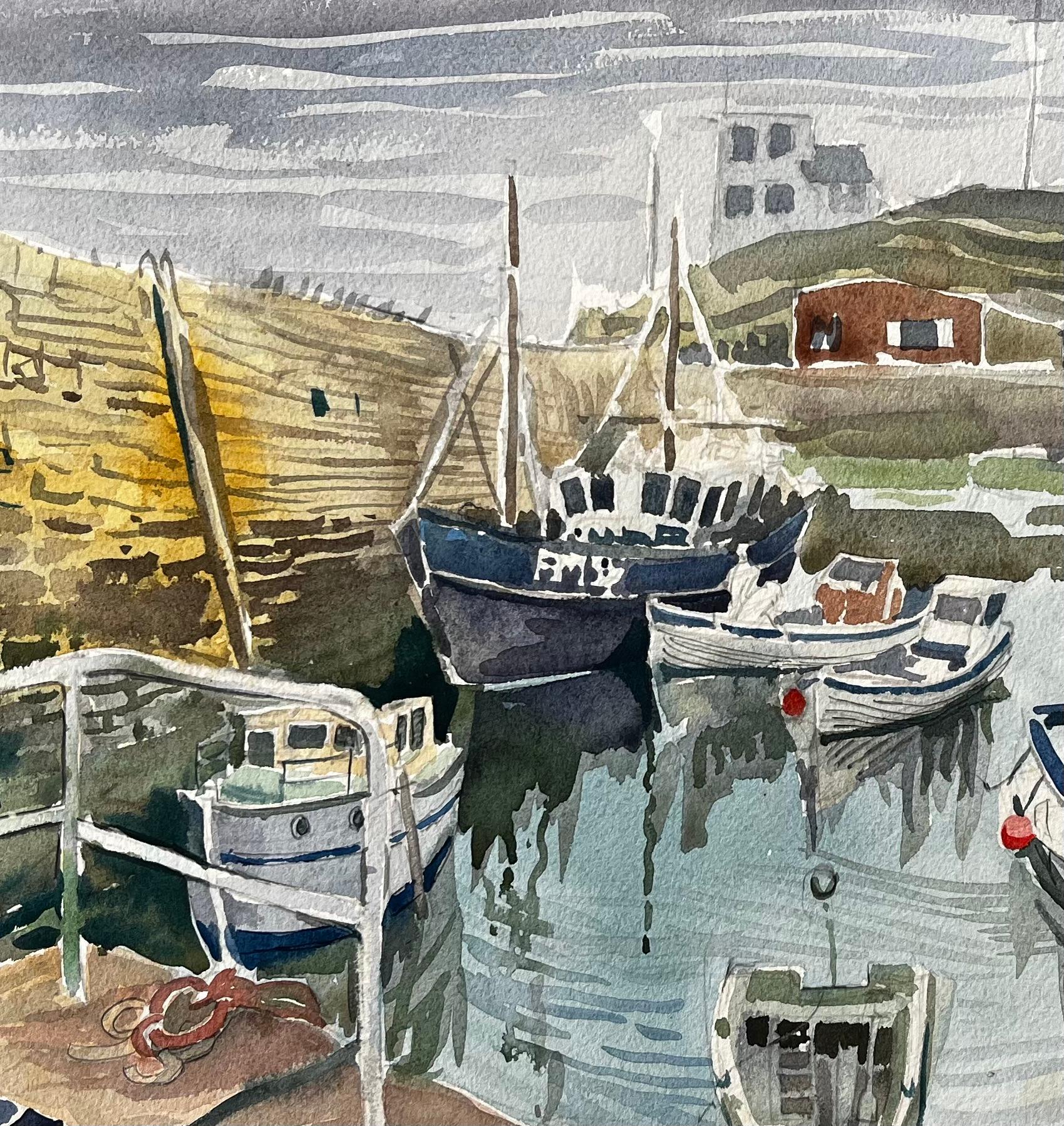 Gretan Harbour Scene with Fishing Boats Reflections and Stone Quay 1974 For Sale 3
