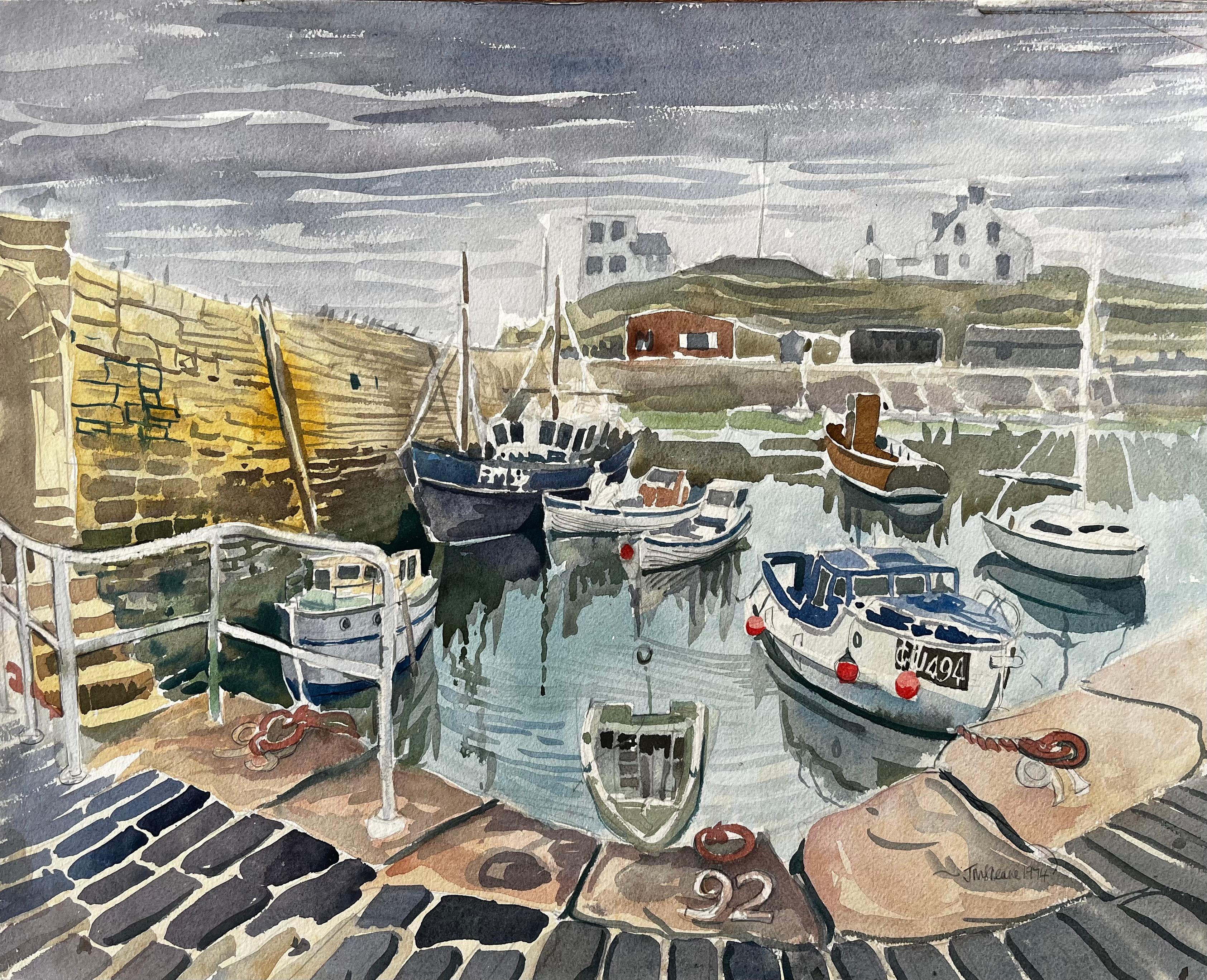 John Steane (b.1931) Landscape Art - Gretan Harbour Scene with Fishing Boats Reflections and Stone Quay 1974