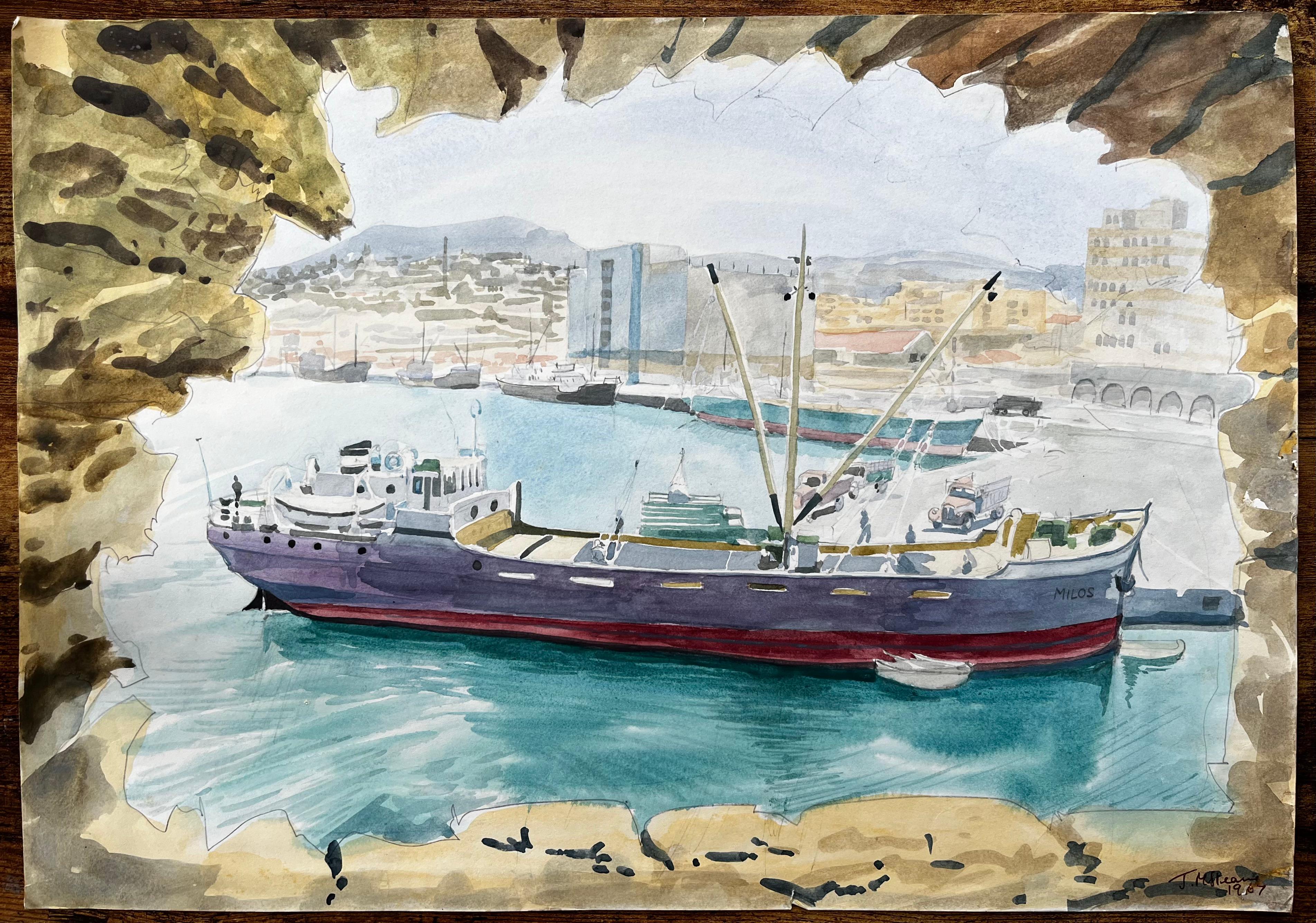 Heraklion Harbour Crete Ship Milos Greek Port Scene Signed 1967 Watercolour - Art by John Steane (b.1931)