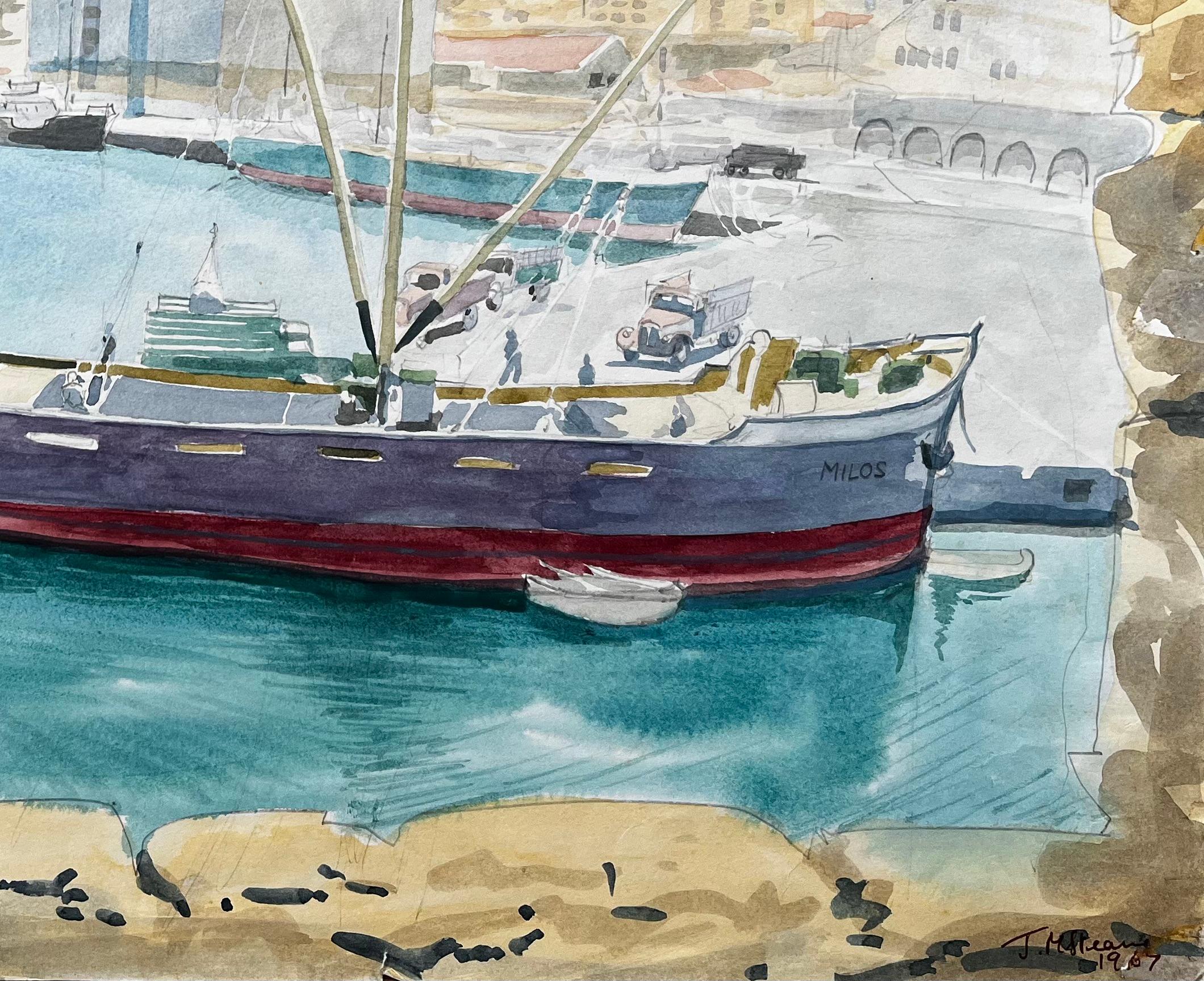 Heraklion Harbour Crete Ship Milos Greek Port Scene Signed 1967 Watercolour - Impressionist Art by John Steane (b.1931)