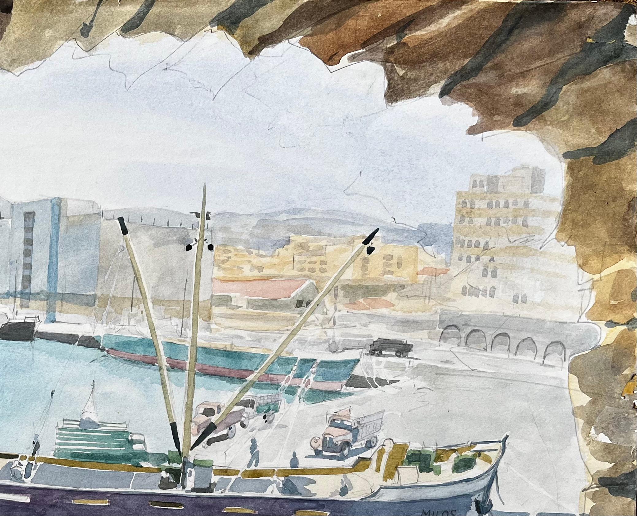 Heraklion Harbour Crete Ship Milos Greek Port Scene Signed 1967 Watercolour - Gray Landscape Art by John Steane (b.1931)