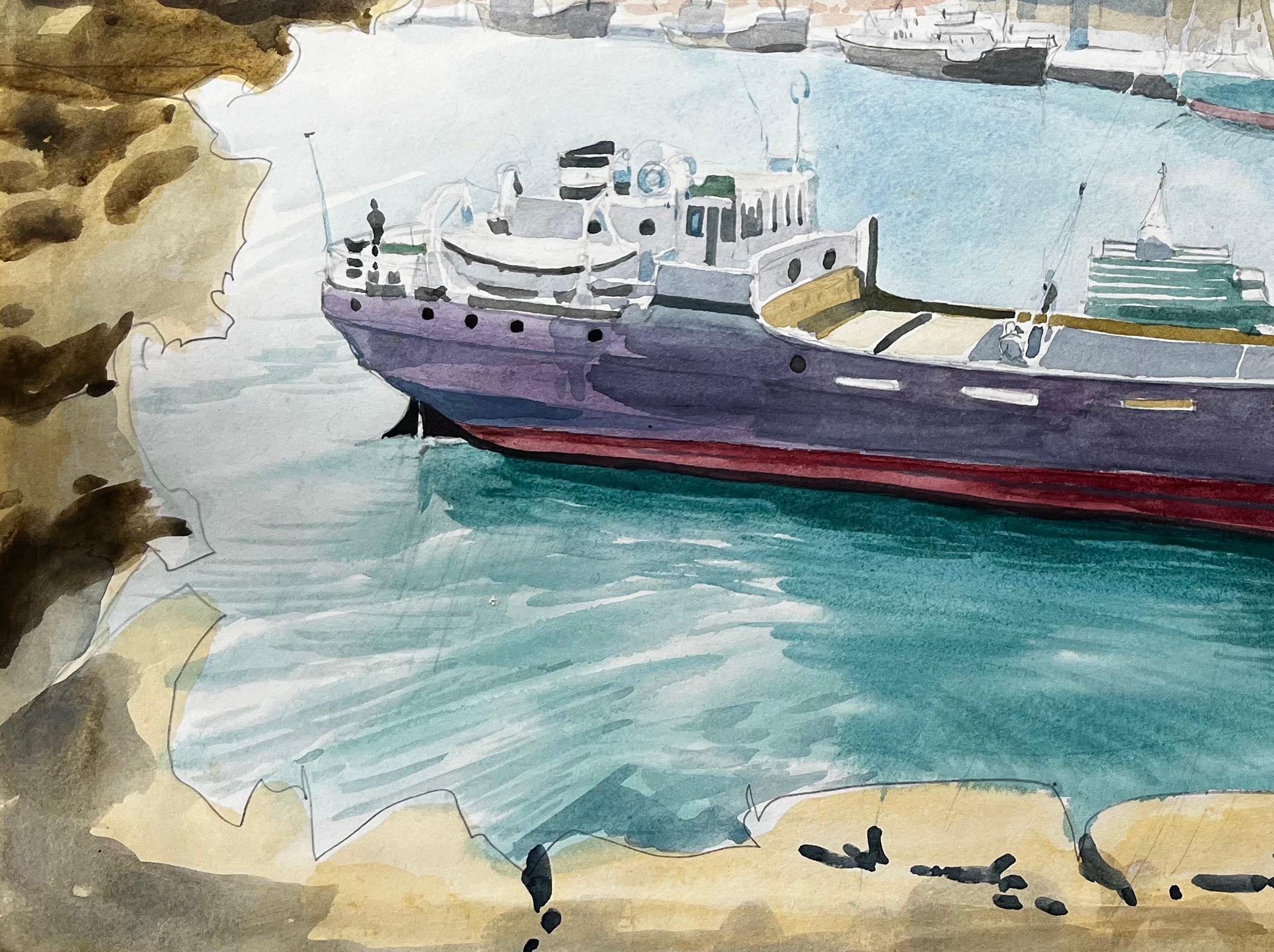 Title: Heraklion Harbour Crete Ship Milos Greek Port Scene Signed 1967 Watercolour
by John Steane (b.1931)
Signed: Bottom right
Size: 16.5 inches (height) x 23.25 inches (width)
watercolor painting on paper, unframed
condition: Good, with light