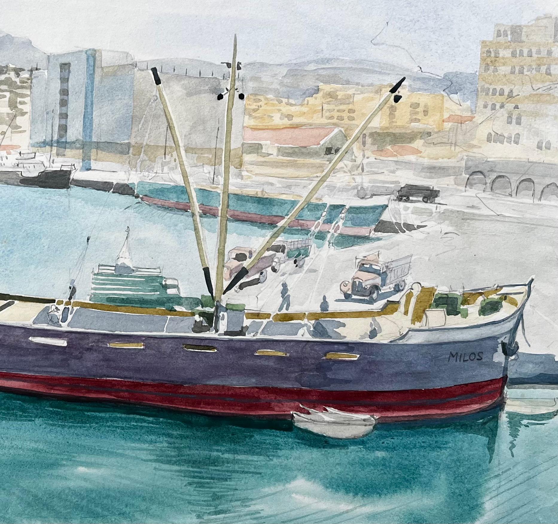 Heraklion Harbour Crete Ship Milos Greek Port Scene Signed 1967 Watercolour For Sale 2
