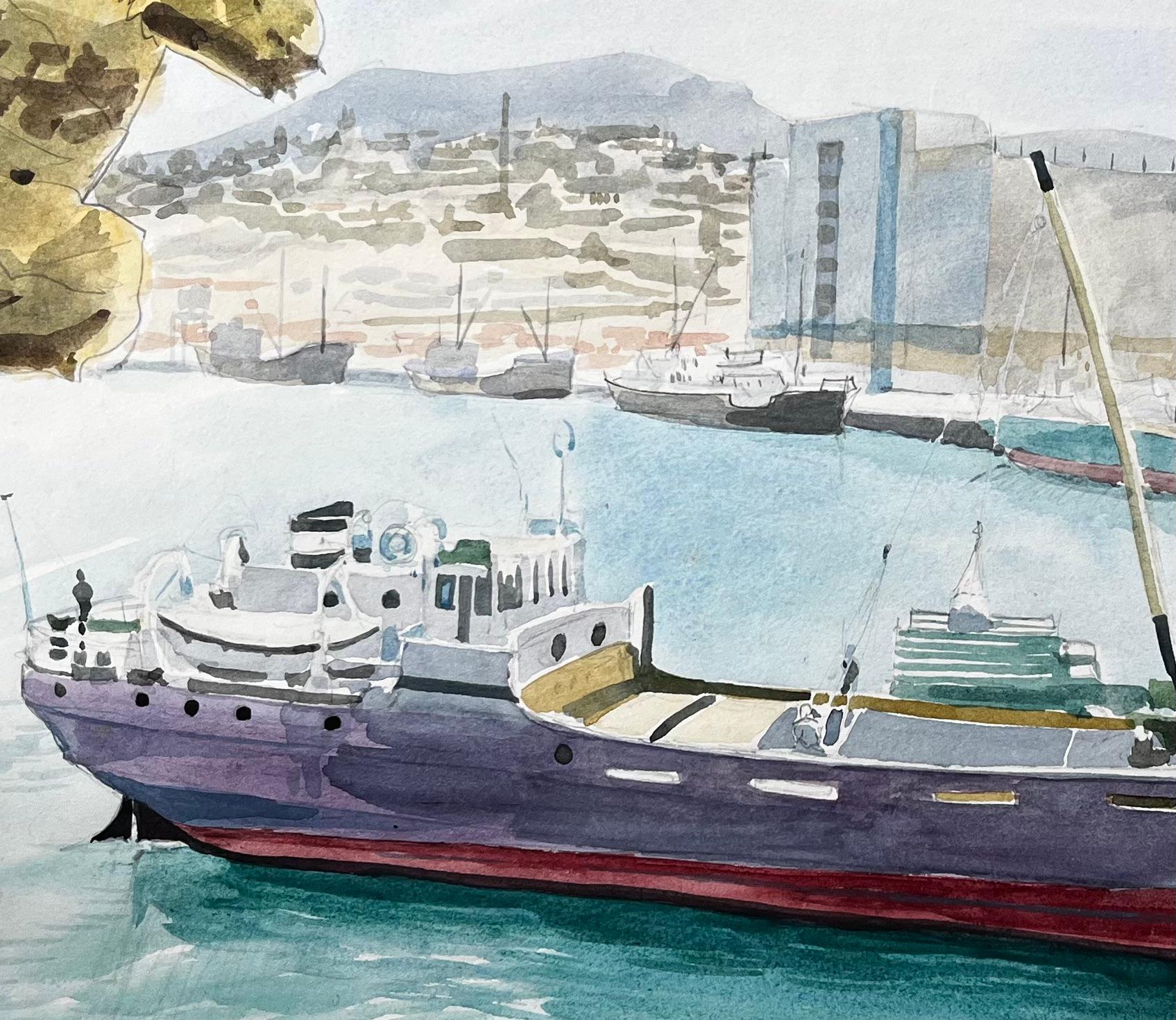 Heraklion Harbour Crete Ship Milos Greek Port Scene Signed 1967 Watercolour For Sale 3