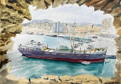 Heraklion Harbour Crete Ship Milos Greek Port Scene Signed 1967 Watercolour