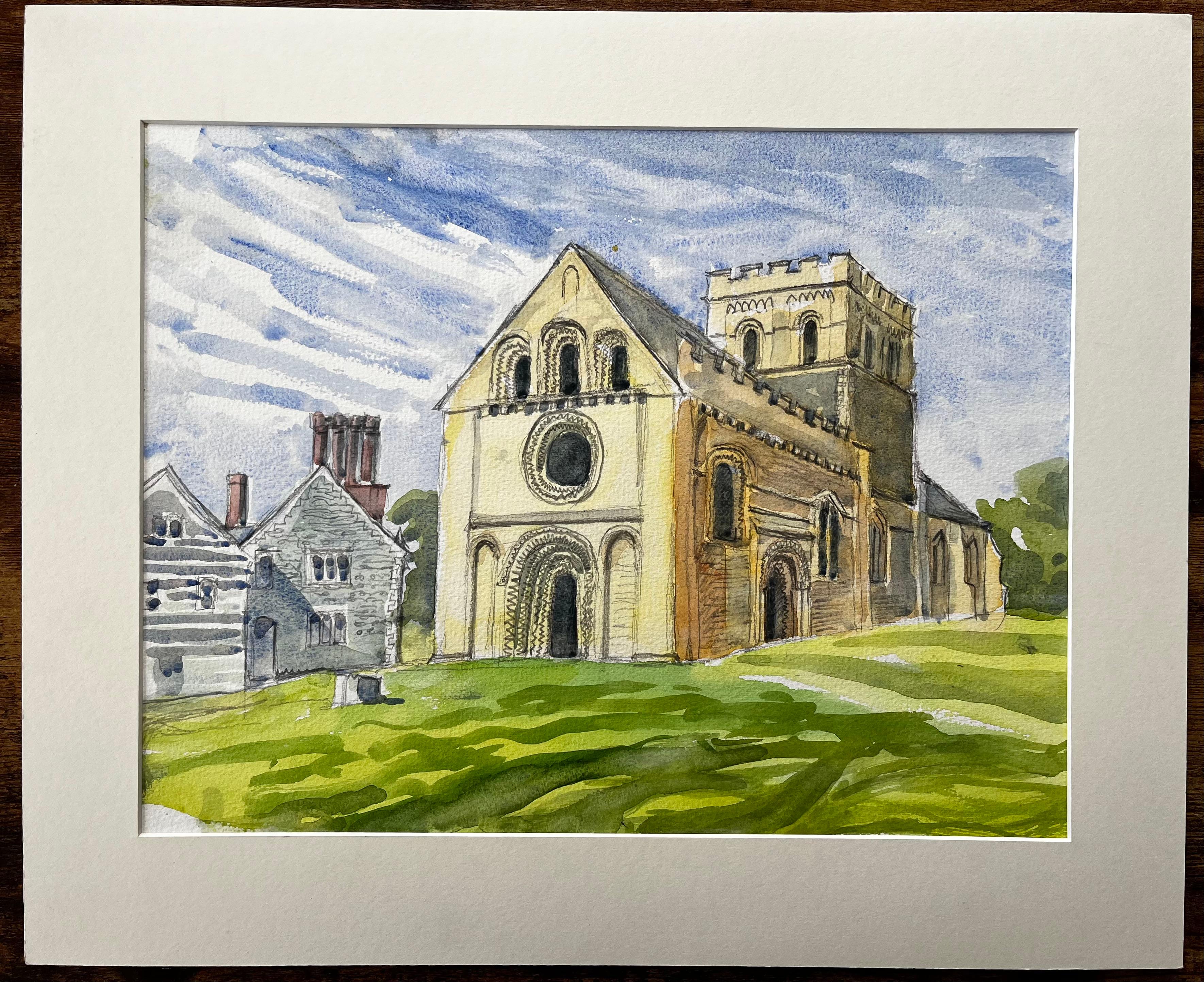 Iffley Church Oxfordshire Romanische Architektur Britische Church's Malerei – Art von John Steane (b.1931)