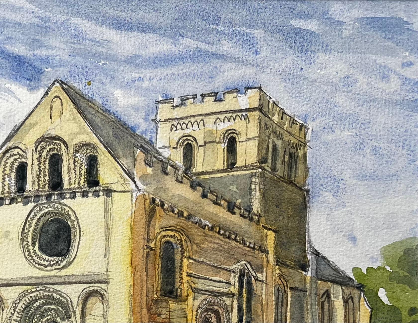 Iffley Church Oxfordshire Romanische Architektur Britische Church's Malerei (Braun), Landscape Art, von John Steane (b.1931)