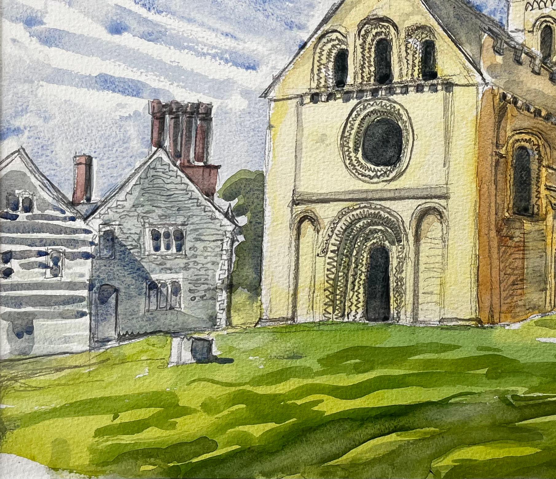 Titel: Iffley Church Oxfordshire Romanische Architektur Britische Church's Malerei
von John Steane (geb.1931)
Größe: 15,75 Zoll (Höhe) x 19,25 Zoll (Breite), einschließlich Montage
Aquarell auf Papier, montiert, aber ungerahmt
Zustand: