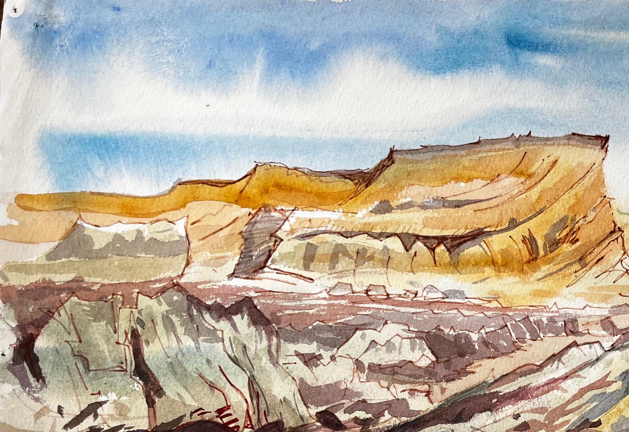 Jurassic Cliffs Dorset Coast 1970s British Watercolour Landscape Painting - Impressionist Art by John Steane (b.1931)
