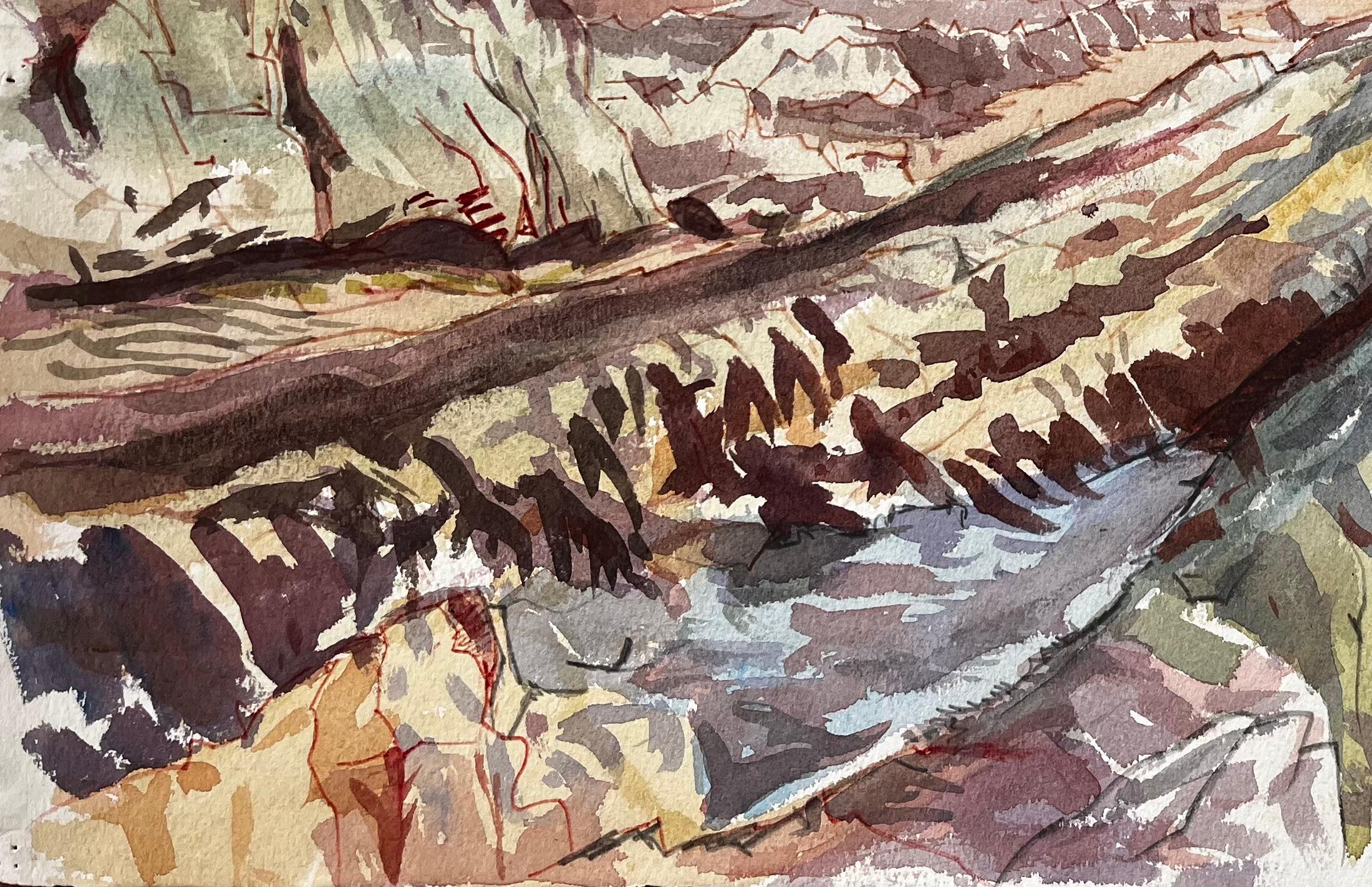 Jurassic Cliffs Dorset Coast 1970s British Watercolour Landscape Painting - Gray Landscape Art by John Steane (b.1931)