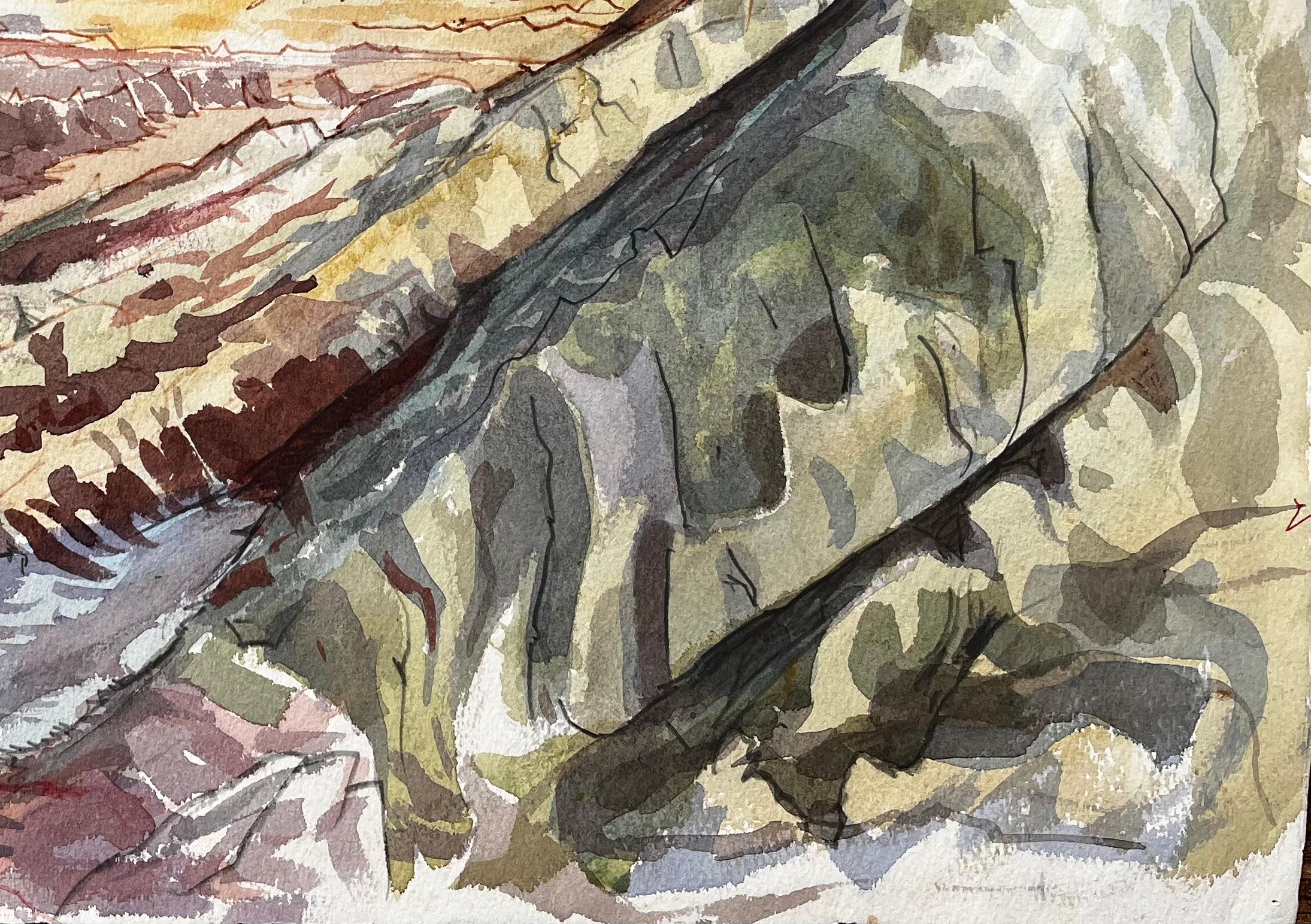 Title: Jurassic Cliffs Dorset Coast 1970s British Watercolour Landscape Painting
by John Steane (b.1931)
Size: 15.5 inches (height) x 23 inches (width)
watercolor painting on paper, unframed
condition: Good, with some slight corner wear and light
