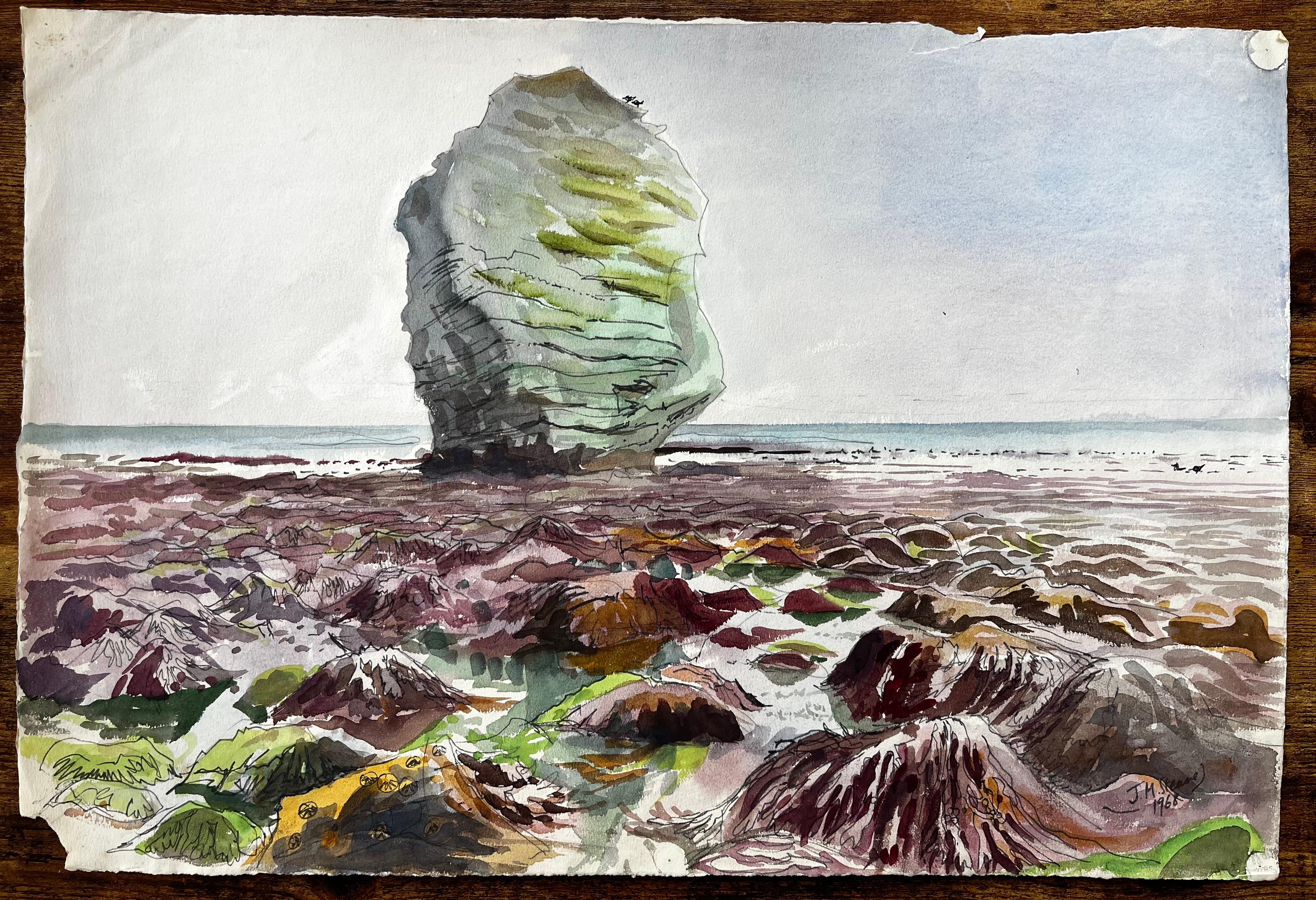 Large Rock on Dorset Coast Low Tide 1960s English Watercolour Landscape - Art by John Steane (b.1931)