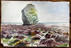 Large Rock on Dorset Coast Low Tide 1960s English Watercolour Landscape