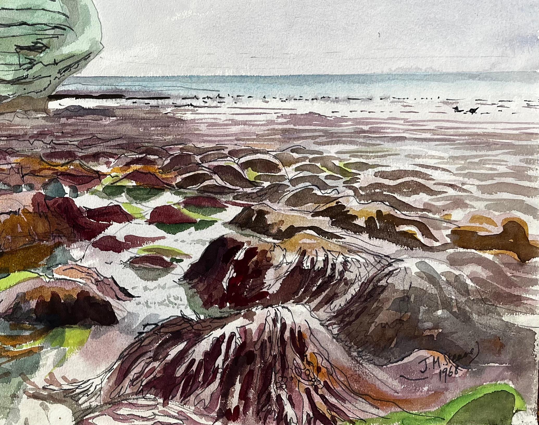 Large Rock on Dorset Coast Low Tide 1960s English Watercolour Landscape - Impressionist Art by John Steane (b.1931)