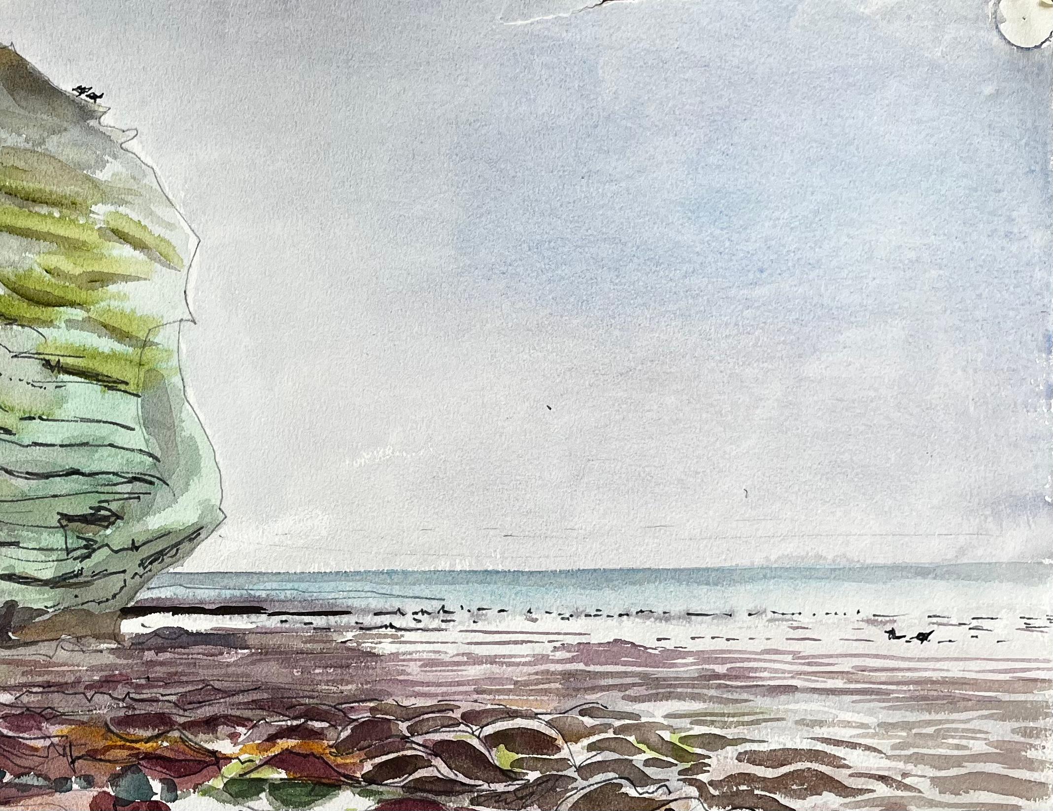 Large Rock on Dorset Coast Low Tide 1960s English Watercolour Landscape - Gray Landscape Art by John Steane (b.1931)