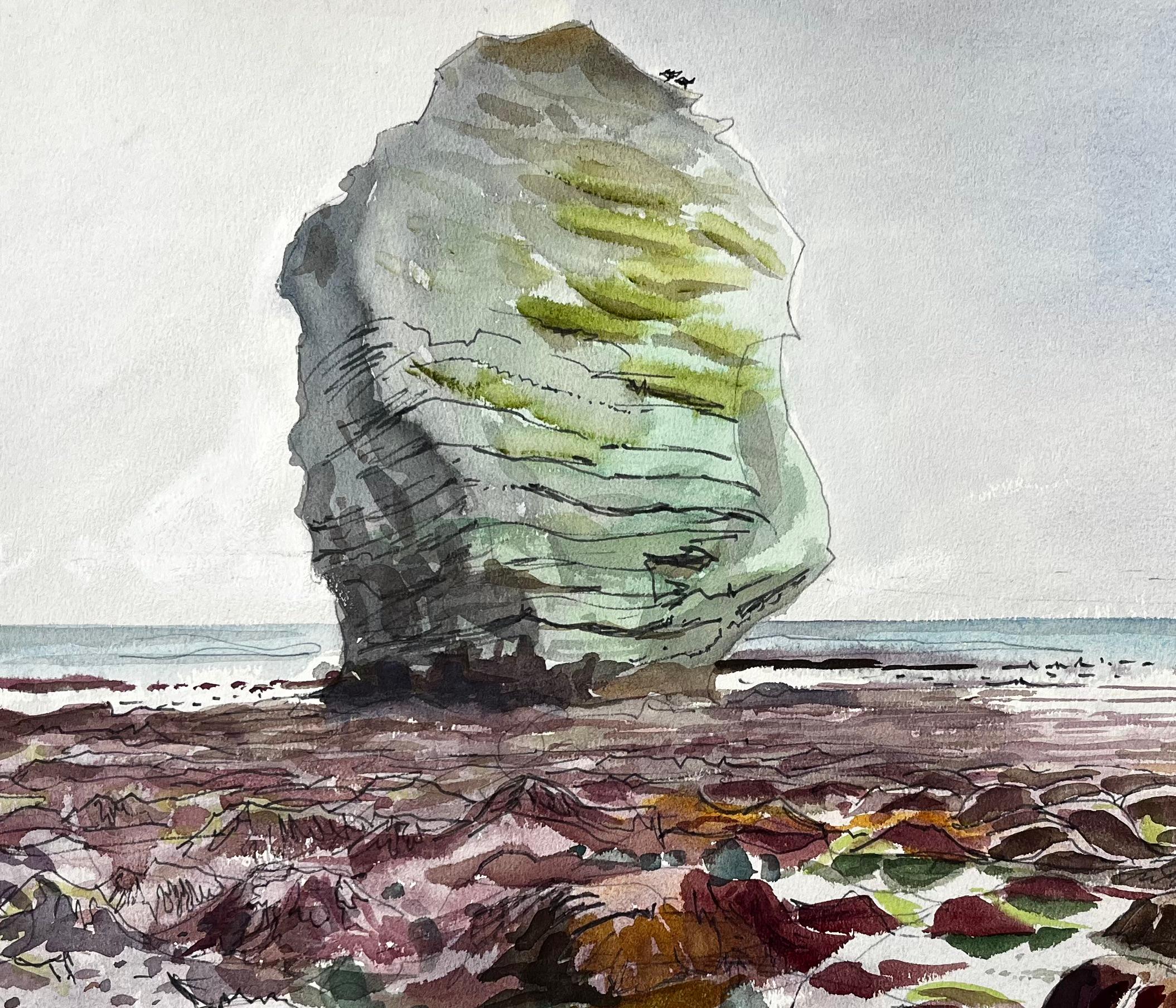 Title: Large Rock on Dorset Coast Low Tide 1960s English Watercolour Landscape
by John Steane (b.1931)
Size: 15.25 inches (height) x 22.75 inches (width)
watercolor painting on paper, unframed
condition: Good, with a few uneven edges and some wear