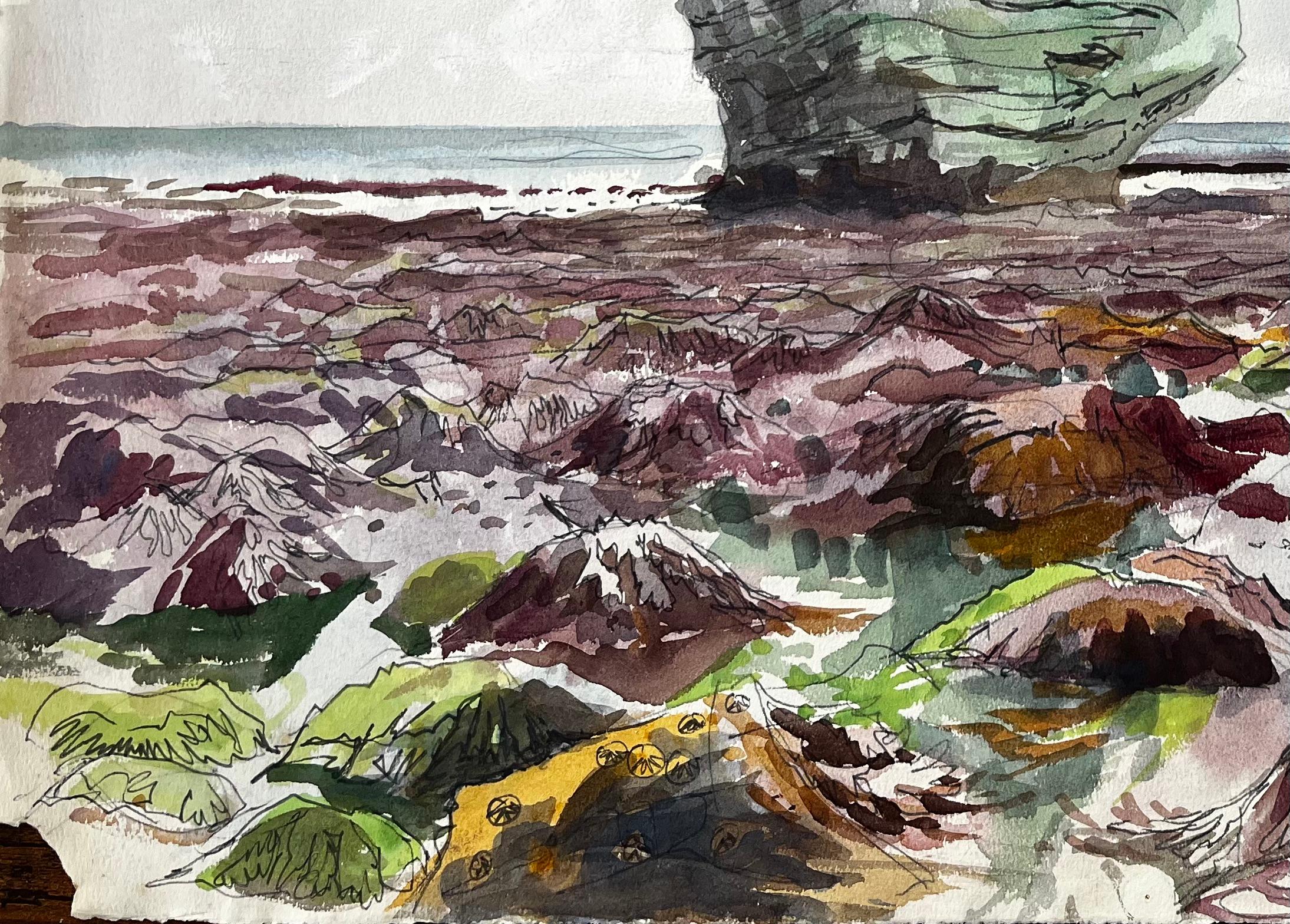 Large Rock on Dorset Coast Low Tide 1960s English Watercolour Landscape For Sale 1