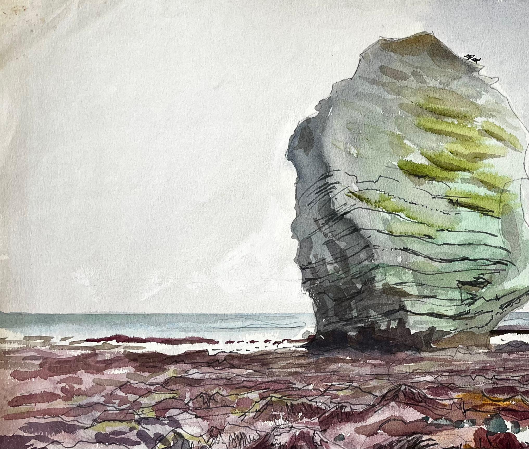 Large Rock on Dorset Coast Low Tide 1960s English Watercolour Landscape For Sale 2