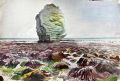 Large Rock on Dorset Coast Low Tide 1960s English Watercolour Landscape